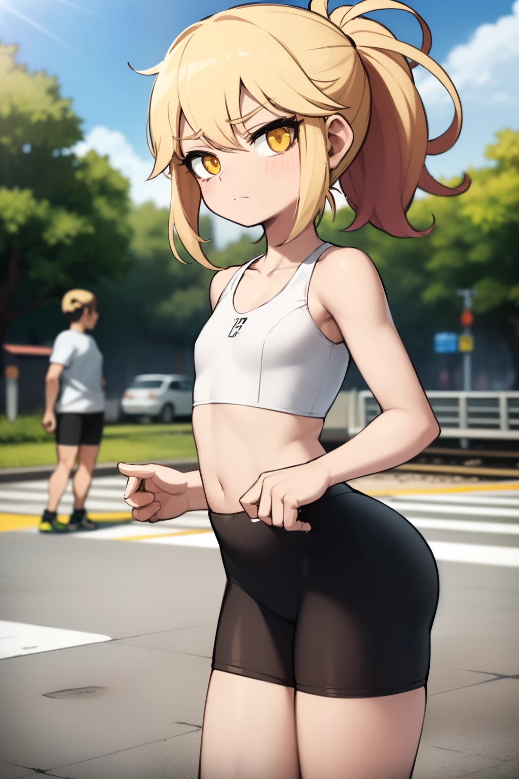 <lora:parappav1:0.6>, solo, blonde hair, long hair, navel, penis, blush, pants, dog ears, futanari, english text, furry, eyes visible through hair, black eyes, looking at viewer, dog girl, tank top, animal ears, erection, furry female, uncensored, midriff, collarbone, clothes pull, crop top, breasts, blue pants, closed mouth, testicles, pulled by self, blue tank top, nose blush, pants pull