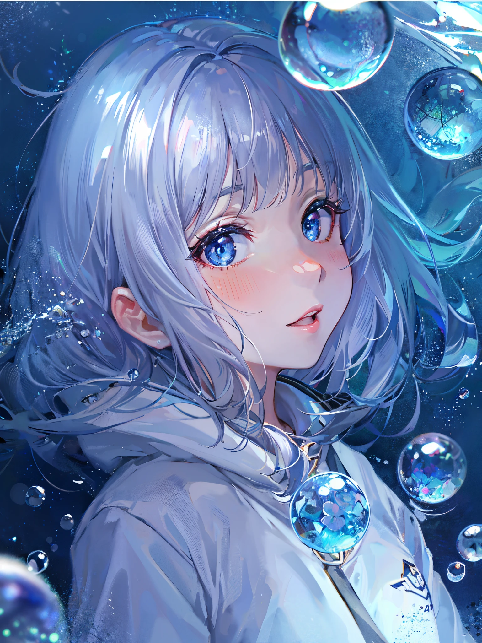 ((top-quality)), ((masterpiece)), ((ultra-detailliert)), (Extremely delicate and beautiful), girl with, report, cold attitude,((White hoodie)),She is very(relax)with the(Settled down)Looks,depth of fields,Evil smile,Bubble, under the water, Air bubble,Underwater world bright light blue eyes,inner color with bright gray hair and light blue tips,,,,,,,,,,,,,,,,,,,,Cold background,Bob Hair - Linear Art, shortpants、knee high socks、White uniform like school uniform、Light blue ribbon ties、Clothes are sheer、The hand in my right pocket is like a sapphire,Fronllesse Blue, A small blue light was floating、fantastic eyes、selfy,Self-shot