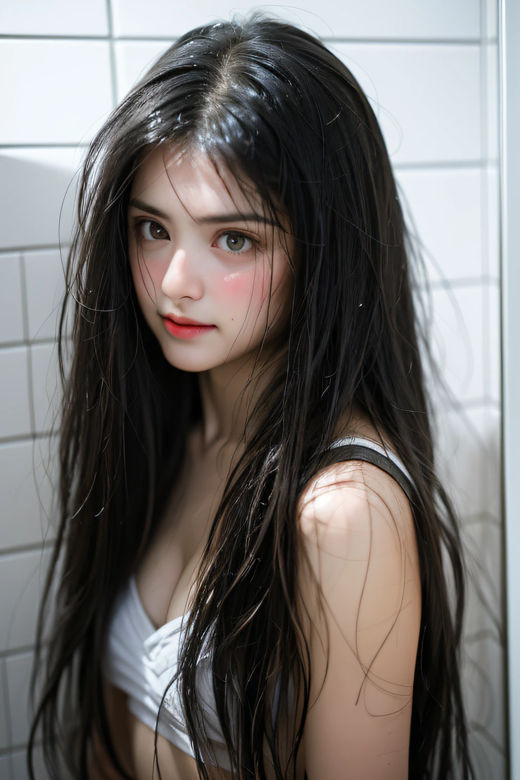 in bathroom,Wet pubic hair,Charming eyes,Heartwarming action,Turn your face away from the camera,stooped,Bend over,turn back,Look up at your head,thick long hair,Highly detailed body,Highly detailed face,best qualtiy,((erection))