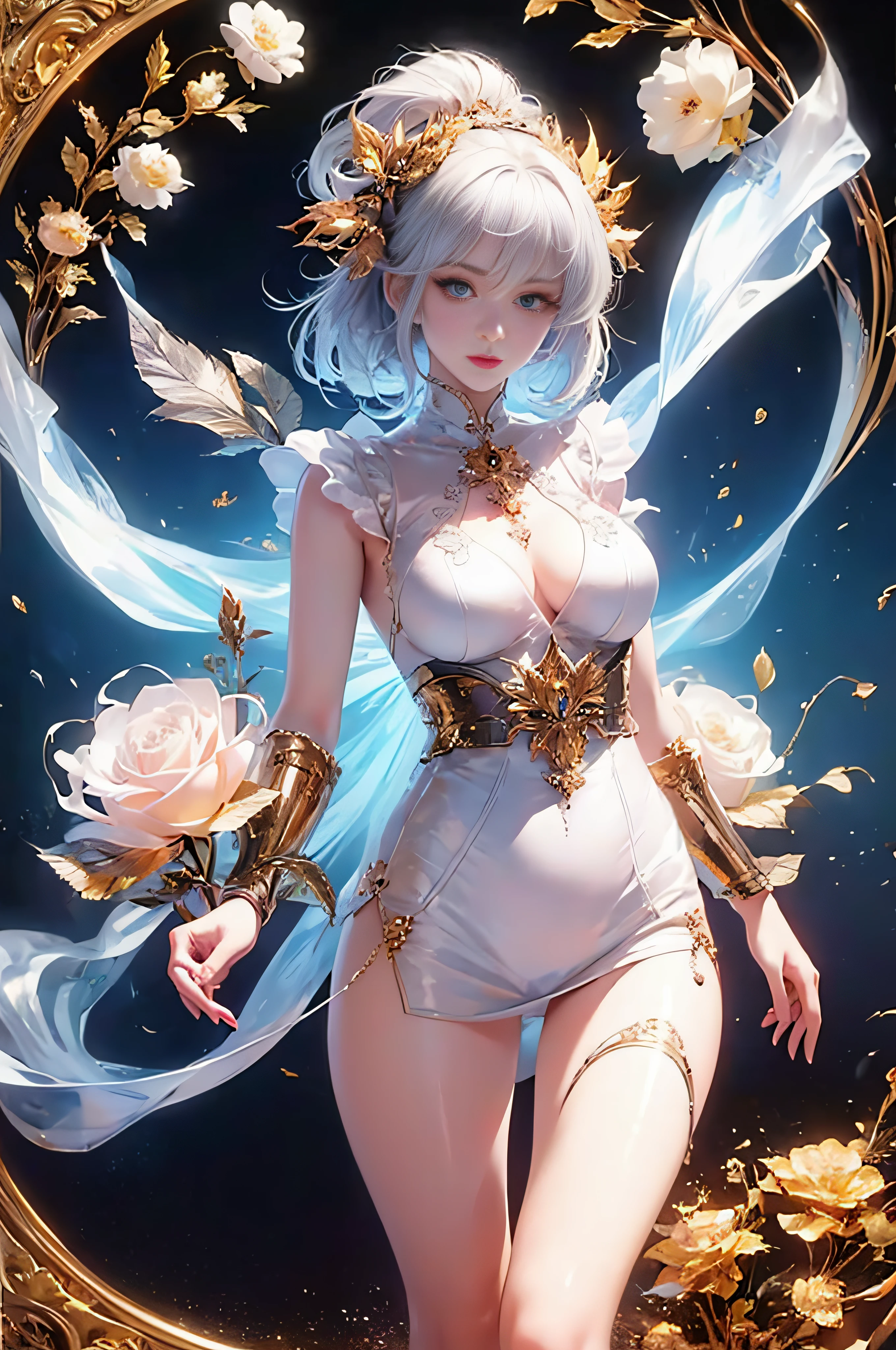 The white cylindrical hat on the back of the head lights up...、Whole body、8K、realphoto、超A high resolution, Master Parts, Best Quality, nffsw , cinematic images,Lovely girl、ann、1６years old、Anglo-Saxon、Green eyes、二重まぶた、very droopy eyes、（very, Very big eyes：1.８）、Dark eye shadow、The lips are very thin、The tip of the nose stretches beautifully..............、the tip of the nose is small,,,,, ighly detailed , Gold Hair、Straight hair、Very smile、 Sweet look 、a very beautiful woman、legs are long、 Very clear shadows , jewely , A detailed eye, very intricate, shiny skins , Perfect Brilliant, Perfect Lighting, Dramatic shadows 、She is wearing a long white silk dress with three layers。。。。。。。。。。。..Silver embroidery covers the entire surface of a long white silk dress.、lace white dress is very long、White high heels、Hold a closed white fan with both hands、The head has a large white round hood、red flowers in ears