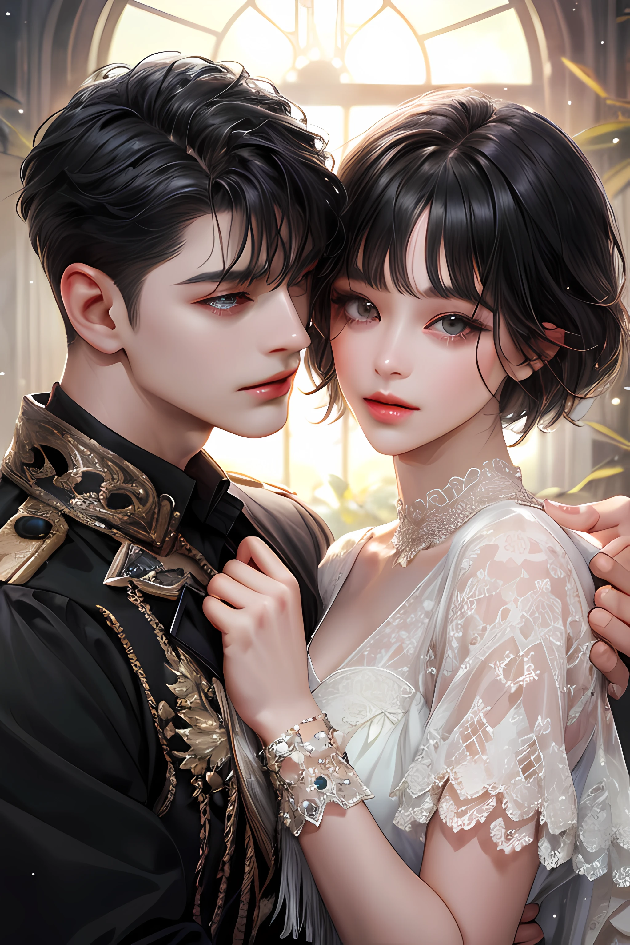 (absurdly , high quality , masterpiece , ultra detailed), ( detailed to hand ) (detailed to eyes) (detailed to face) , couples, 1 man (short black Quiff hair with Soft Fringe, bangs part on side 3:7 ratio) and 1 woman (short black hair with fringe) love ,pretty eyelue eyelack hair, fantasy, detailed background, soft light