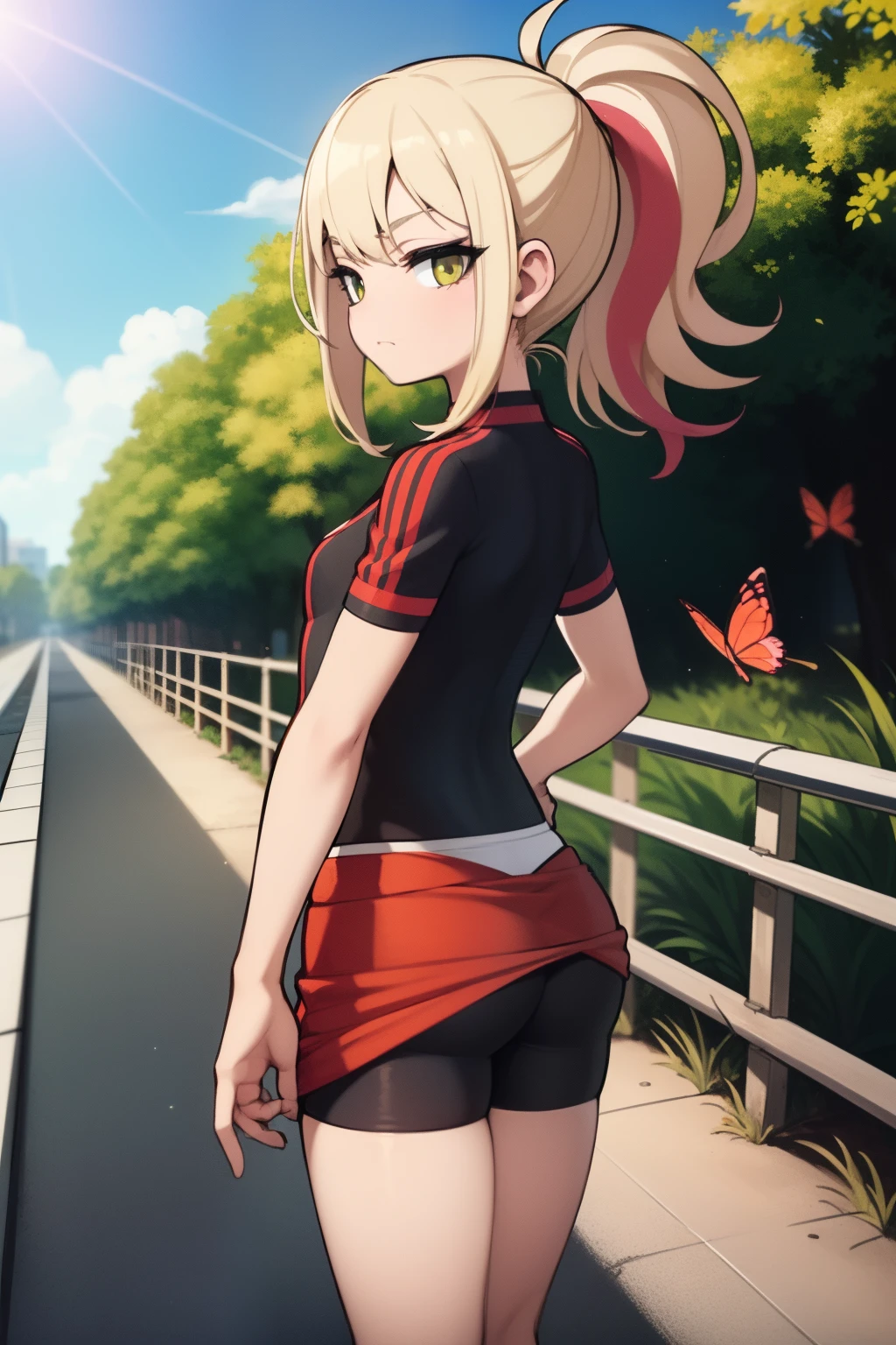 GameGirl , (blonde ponytail) with pink streak highlights, 80's anime style, (flat chest), thighs, hips, small waist, park bench, biker shorts, cloudy day, near train tracks, bike rack, weak wilted plants, cracks in sidewalk, butterflies and daisies, sunlight shining on character, ass