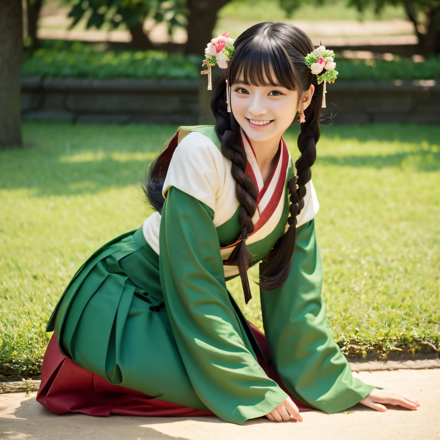 Every single person in the apothecary、（Cat cat）、Tang Dynasty、masutepiece, Best Quality, hight resolution, 1 Girl Hair Ribbon Hair Ornament, Hanfu green shirt wide sleeve red skirt long skirt smile, Looking at Viewer,  Background