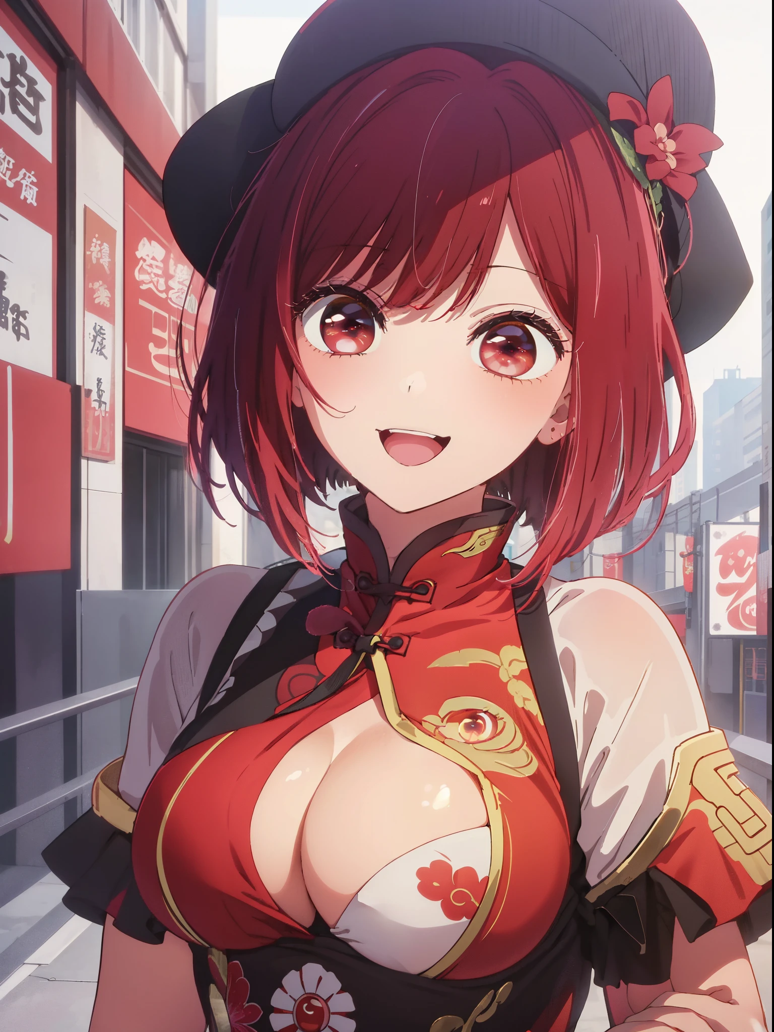 ​masterpiece、ighly detailed、(1 girl in:1.2)、Red hair、big eye、(((a closeup)))、A smile、8K、short-hair、(((anime styled)))、(((2D)))、Red Eyes、Open your mouth、(((qipao dress)))、(((Colossal tits)))、Chinese Big