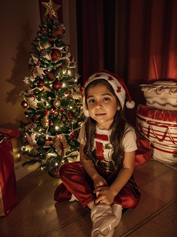 Vestida de navidad, next to the Christmas tree with many gifts and Christmas decorations