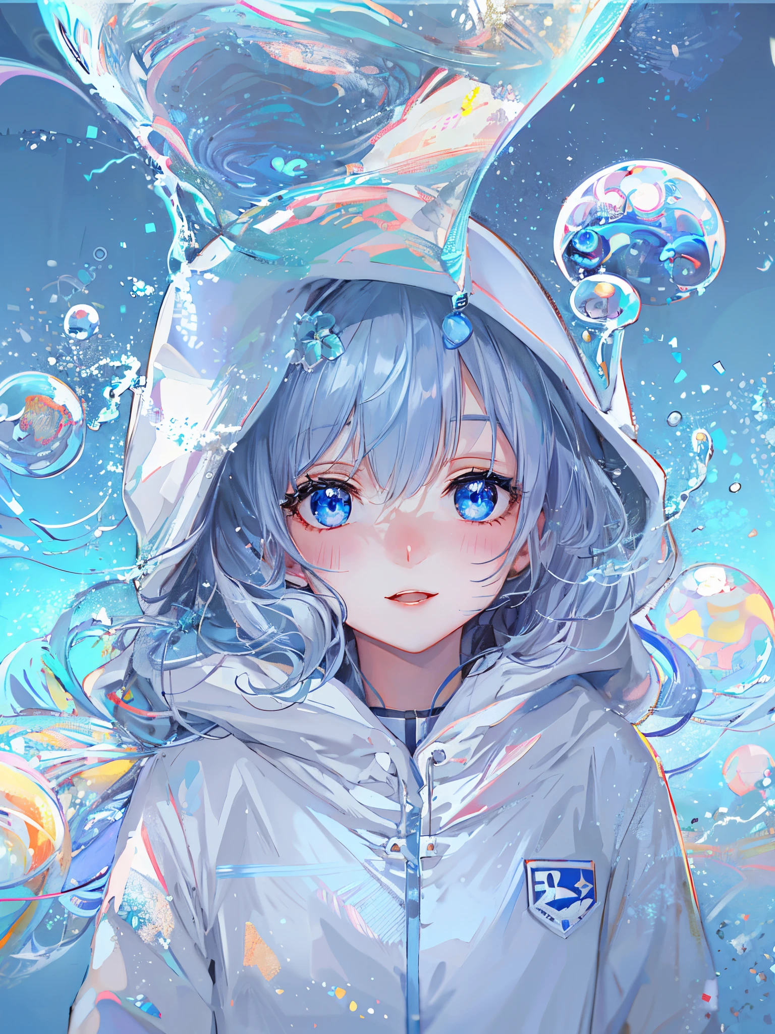 ((top-quality)), ((​masterpiece)), ((ultra-detailliert)), (Extremely delicate and beautiful), girl with, report, cold attitude,((White hoodie)),She is very(relax)with  the(Settled down)Looks,depth of fields,Evil smile,Bubble, under the water, Air bubble,Underwater world bright light blue eyes,inner color with bright gray hair and light blue tips,,,,,,,,,,,,,,,,,,,,Cold background,Bob Hair - Linear Art, shortpants、knee high socks、White uniform like school uniform、Light blue ribbon ties、Clothes are sheer、The hand in my right pocket is like a sapphire,Fronllesse Blue, A small blue light was floating、fantastic eyes、selfy,Self-shot