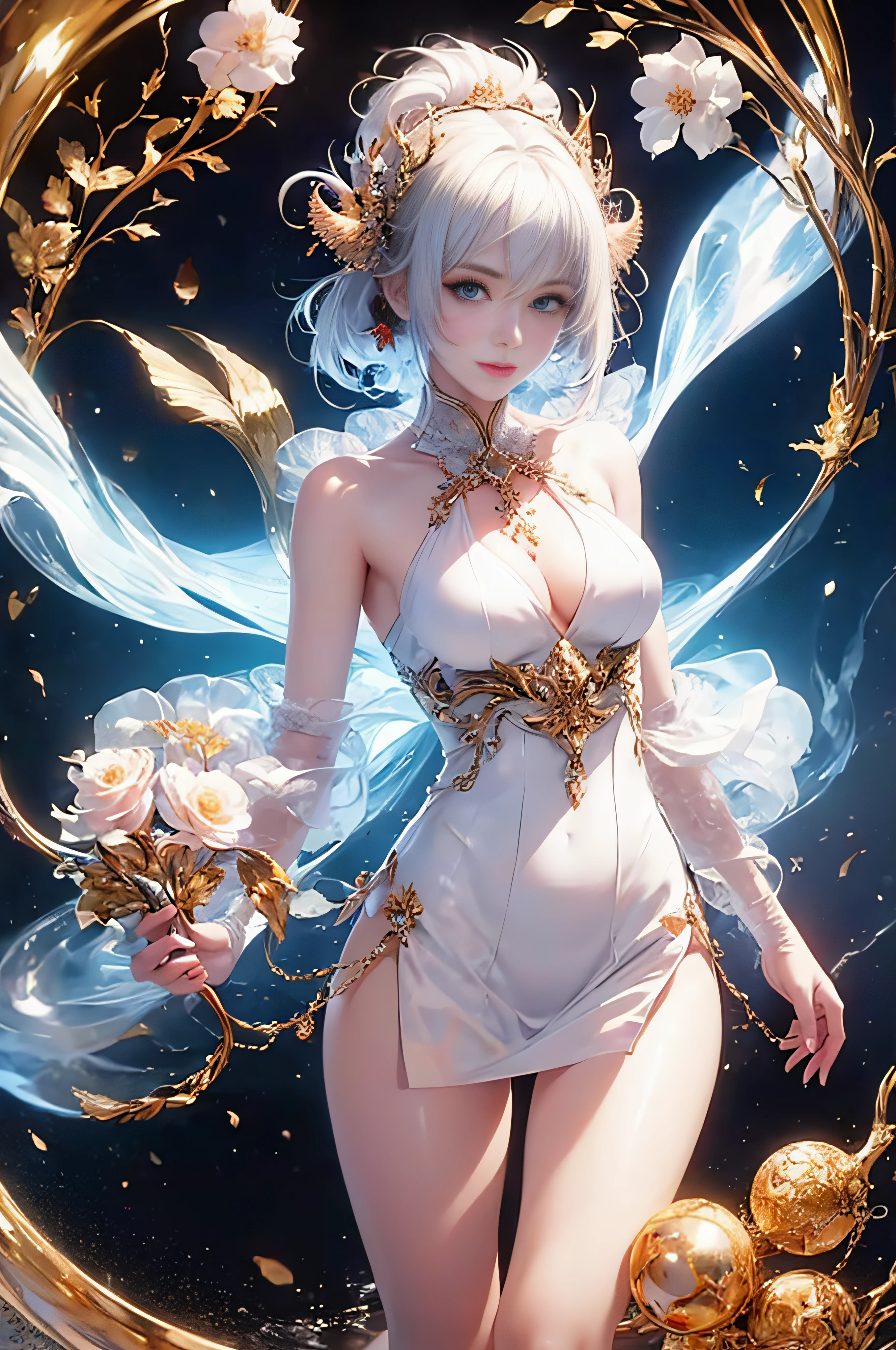 The white cylindrical hat on the back of the head lights up...、Whole body、8K、realphoto、超A high resolution, Master Parts, Best Quality, nffsw , cinematic images,Lovely girl、ann、16years old、Anglo-Saxon、Green eyes、二重まぶた、very droopy eyes、(very, Very big eyes:1.8)、Dark eye shadow、The lips are very thin、The tip of the nose stretches beautifully.............、the tip of the nose is small,,,,, ighly detailed , Gold Hair、Straight hair、Very smile、 Sweet look 、a very beautiful woman、legs are long、 Very clear shadows , jewely , A detailed eye, very intricate, shiny skins , Perfect Brilliant, Perfect Lighting, Dramatic shadows 、She is wearing a long white silk dress with three layers。。。。。。。。。。..Silver embroidery covers the entire surface of a long white silk dress.、lace white dress is very long、White high heels、Hold a closed white fan with both hands、The head has a large white round hood、red flowers in ears