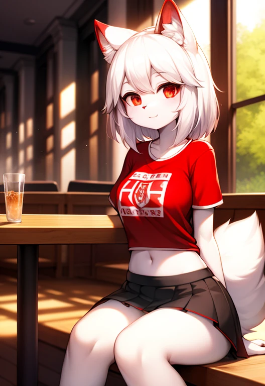 A fluffy, white fur, Very nice face, Red elements on fur, Glowing T-shirt,Black Mini Skirt,  Beautiful light and shadows, Ambient light, Ultra detailed fur, surround light,  cafes, sitting at a table