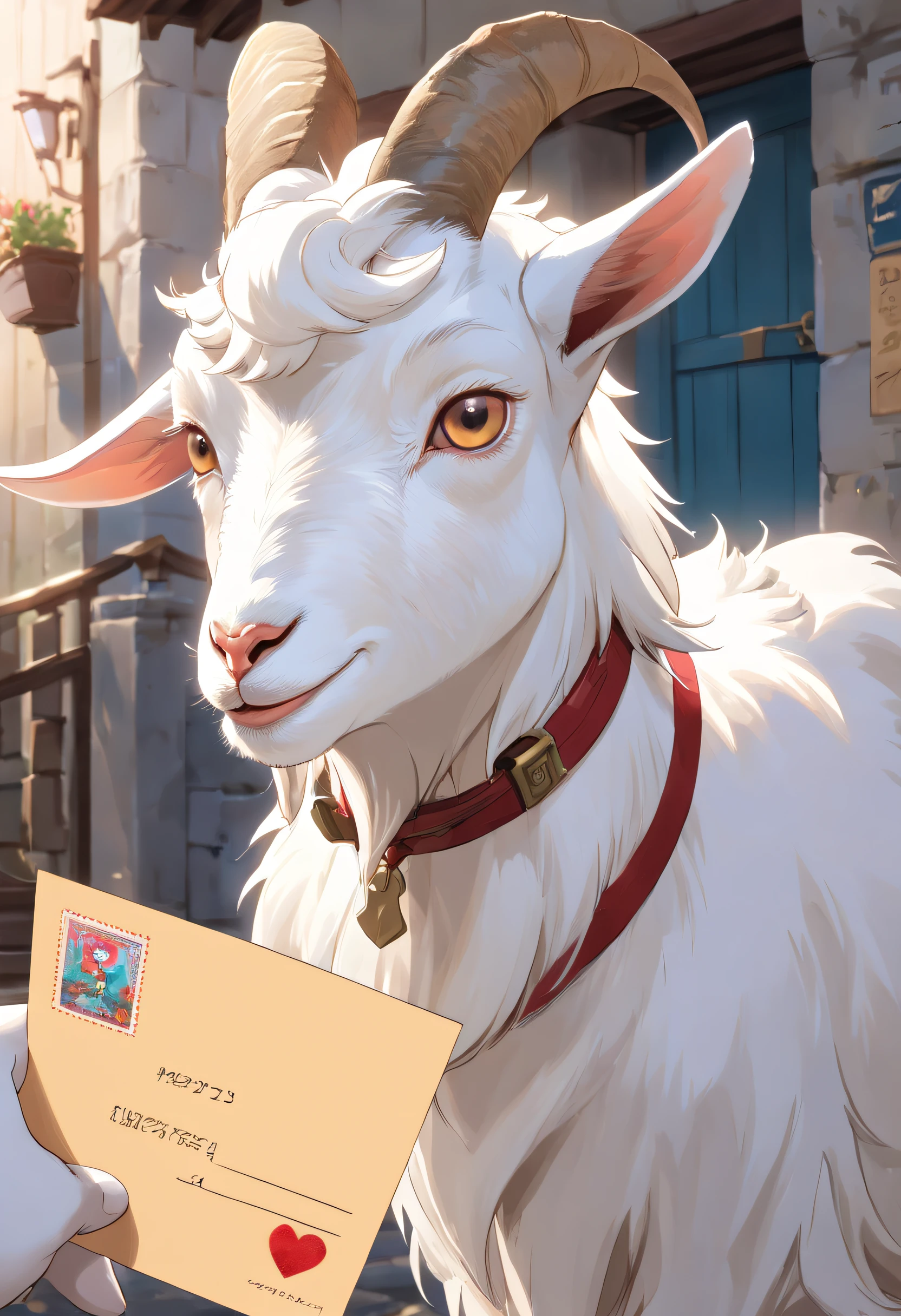 (((White goat with a postcard in its mouth)))、((put a postcard in your mouth))、((love letter))、((postcard))、masutepiece、best composition、Photorealsitic、A hyper-realistic