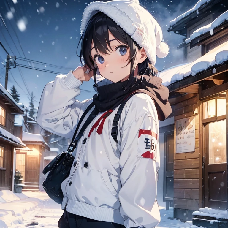 Middle aged boy , beutiful , 2 d anime , 16 years old boy , New Year's hat on his head , New Year , exteriors , It's snowing , snowing , exteriors , the night , night snow , It's snowing outside , boy under the snow , boy in a New Year's cap , 2Danime , Handsome Boy