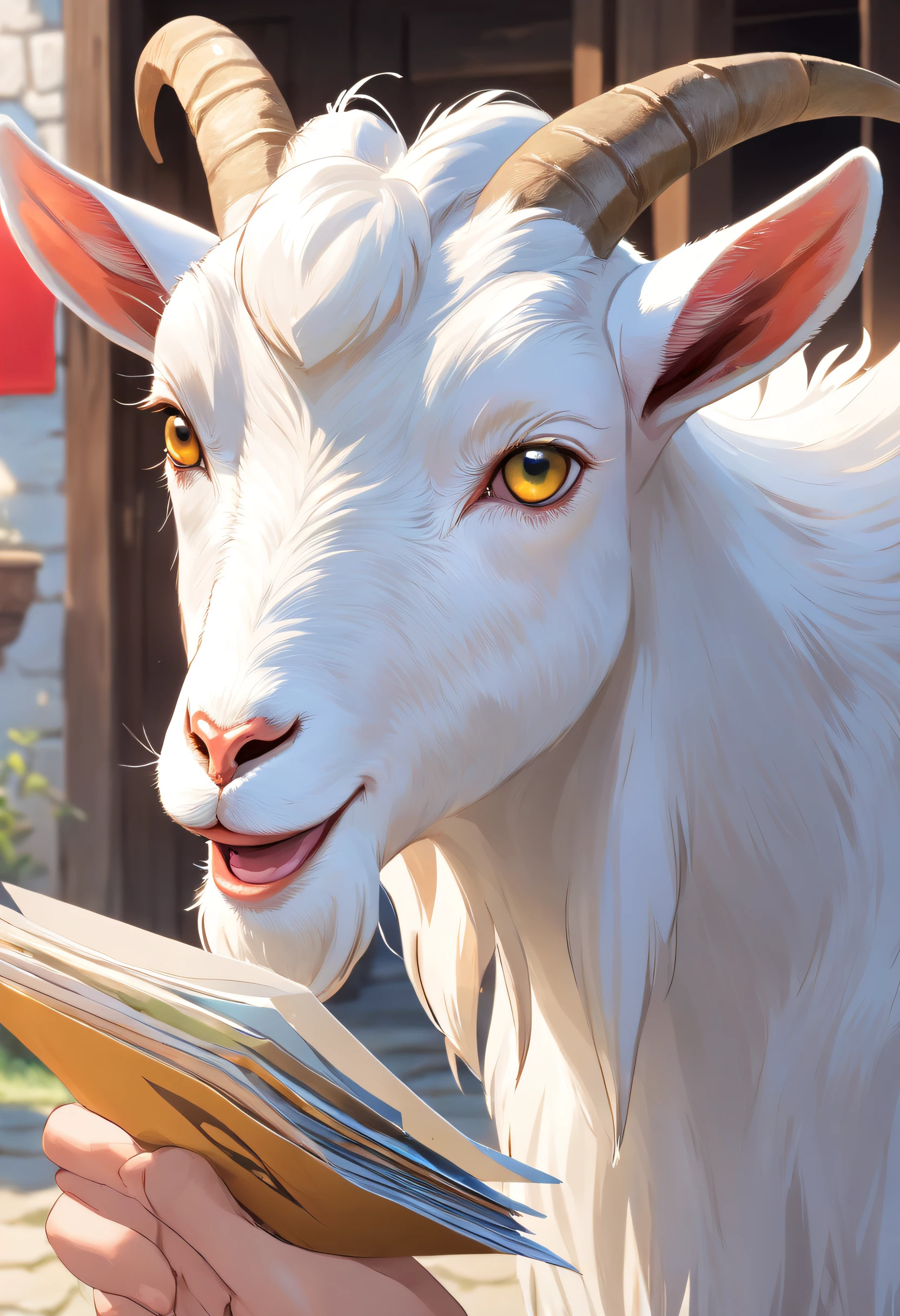 (((White goat with a postcard in its mouth)))、((put a postcard in your mouth))、((love letter))、((postcard))、masutepiece、best composition、Photorealsitic、A hyper-realistic