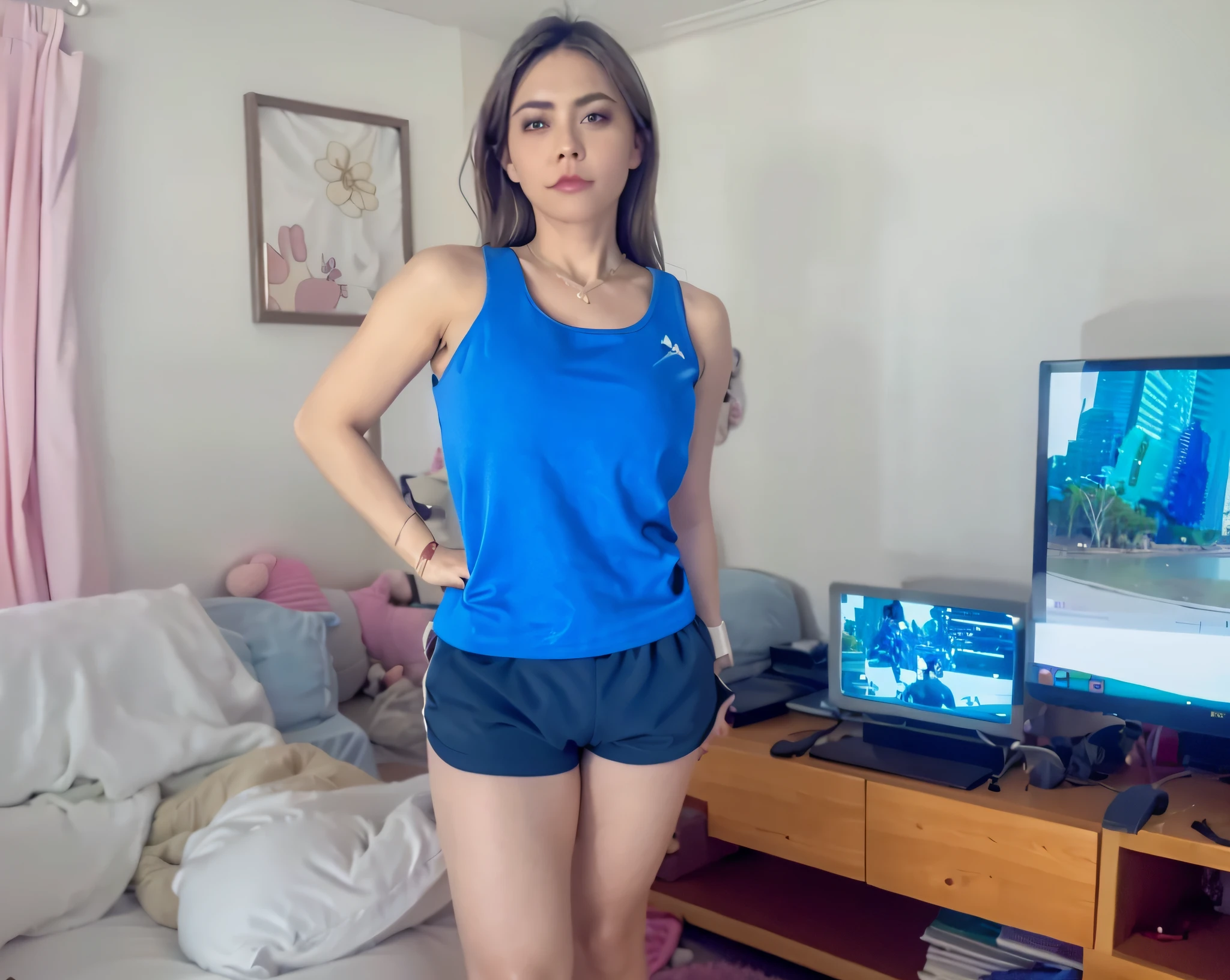 there is a woman standing in front of a television in a living room, sport bra and dark blue shorts, vestindo regata e bermuda, vestindo camisola e shorts, sport bra and shorts, usando equipamento de fitness, vestido com um top e shorts, foto fit, 4 5 I, de bermuda, tiro de corpo inteiro, mulher curta robusta