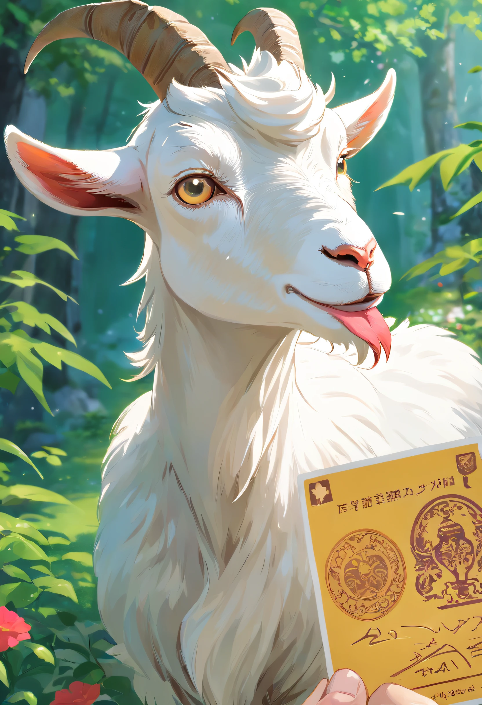 (((White goat with a postcard in its mouth)))、((put a postcard in your mouth))、((love letter))、((postcard))、masutepiece、best composition、Photorealsitic、A hyper-realistic