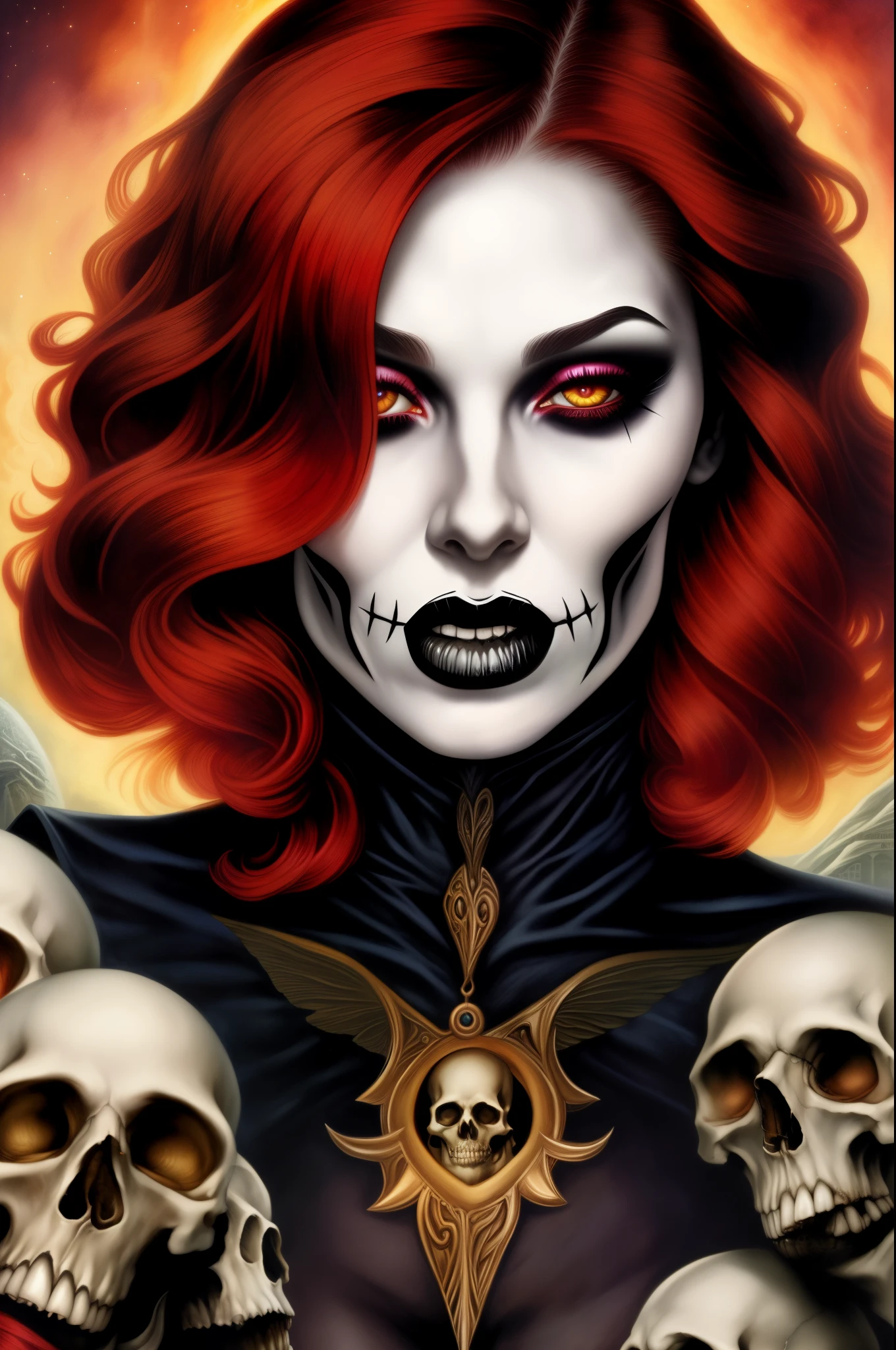 <lora:h4l0w3n5l0w5tyl3M3rg34ll:1> h4l0w3n5l0w5tyl3M3rg34ll a portrait of a girl skull face, charlie bowater, atey ghailan and mike mignola, vibrant colors and hard shadows and strong rim light, comic cover art, trending on artstation