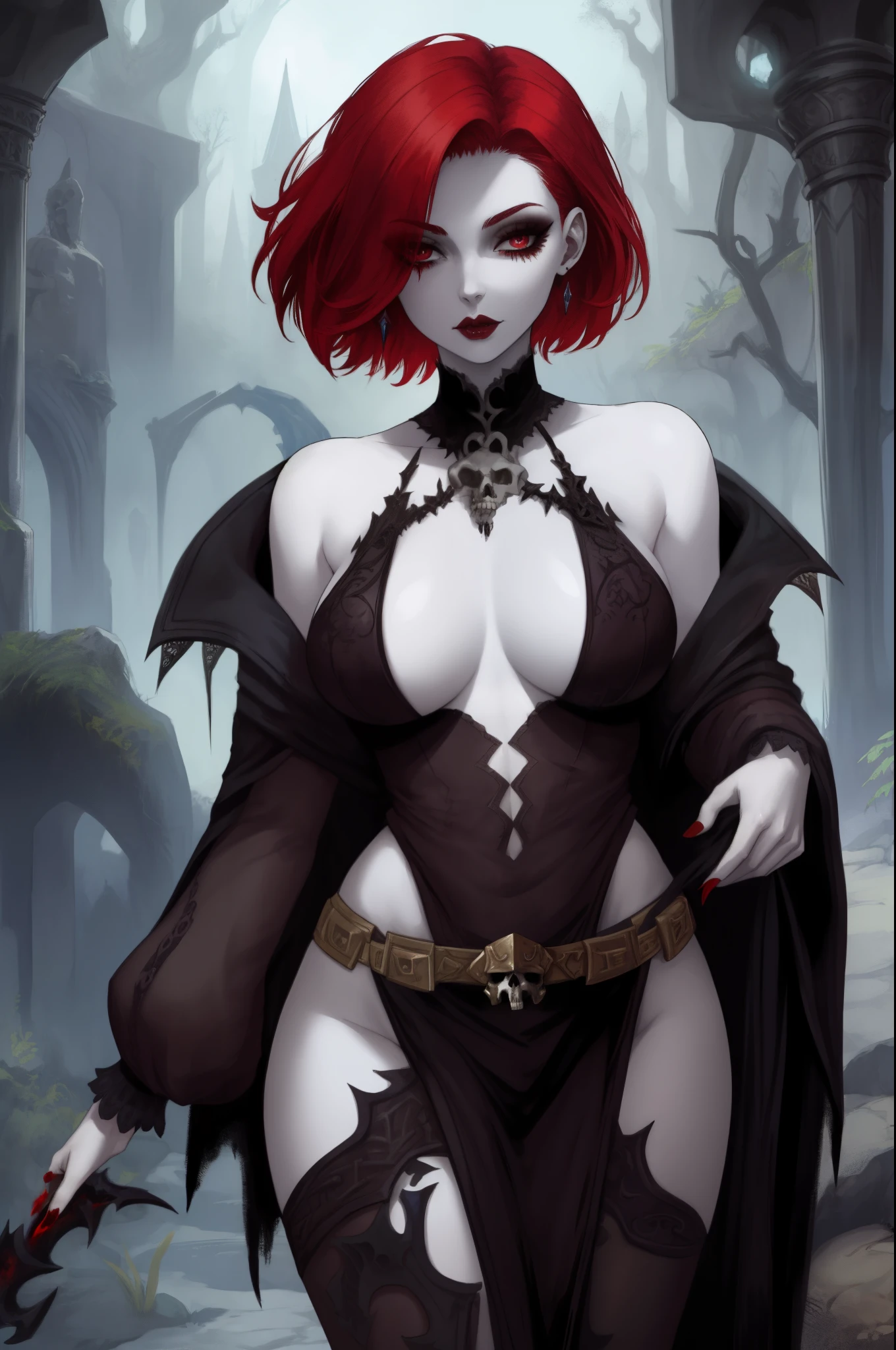 Fantasy Female Necromancer with pale skin and short red hair  , clyde caldwell, dark mascara, heavy makeup, skulls