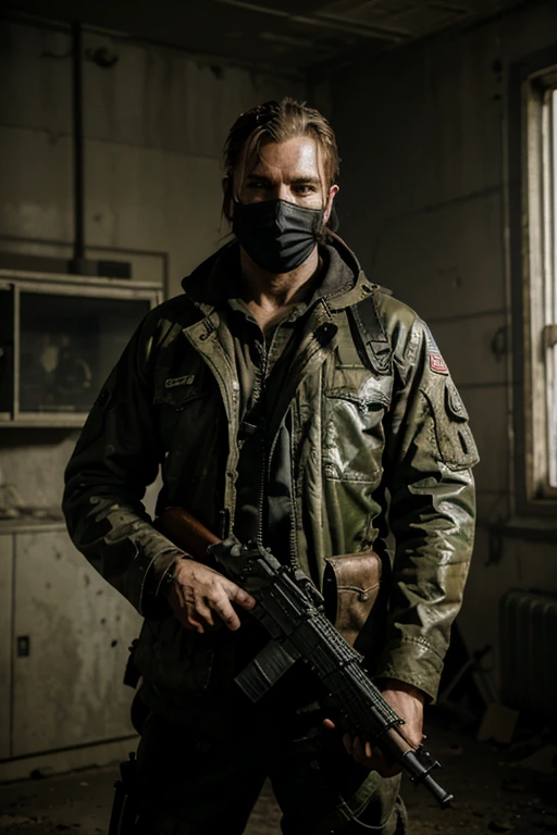 post apocalyptic military man with mask on and an Apocalyptica rifle in his hands. ((best quality)), ((masterpiece)), (detailed)