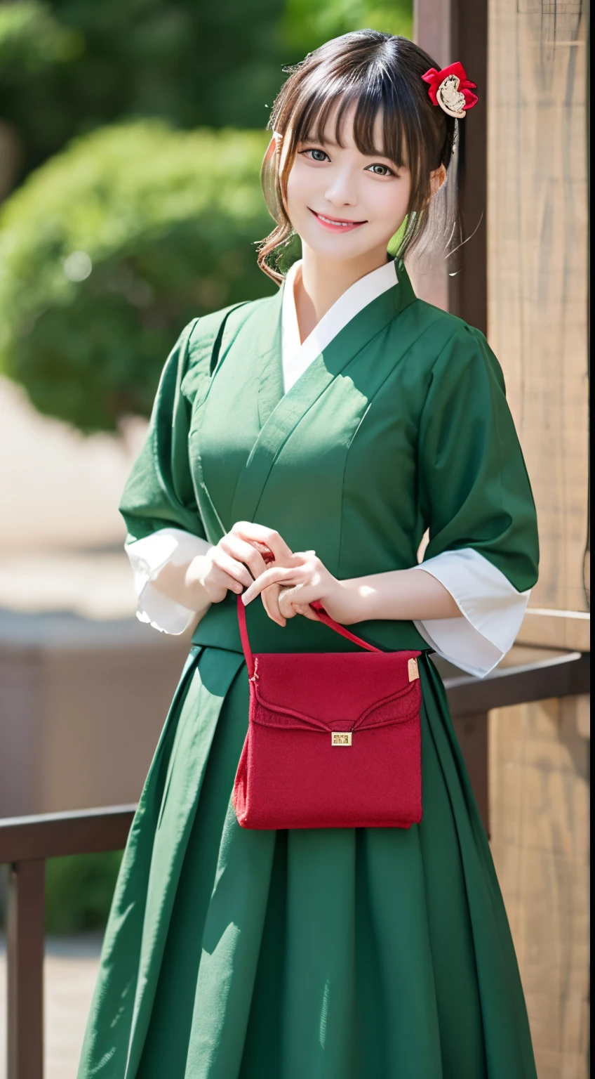 Every single person in the apothecary、(Cat cat)masutepiece, Best Quality, hight resolution, 1 Girl Hair Ribbon Hair Ornament, Hanfu green shirt wide sleeve red skirt long skirt smile, Looking at Viewer, Background