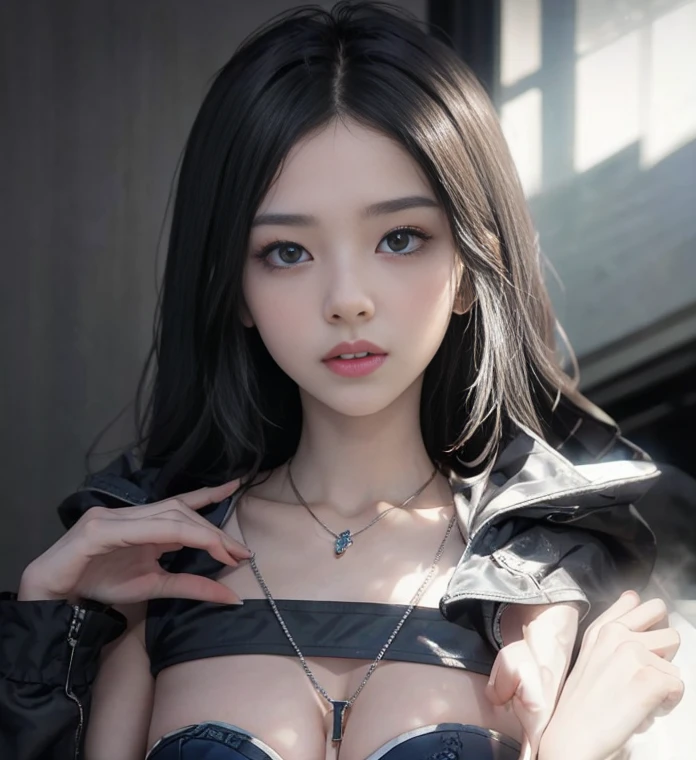 blue long hair,Nice face,pendant,Heterochromatic pupil,Gini Coefficient,Full body photo,Big-breasted girl