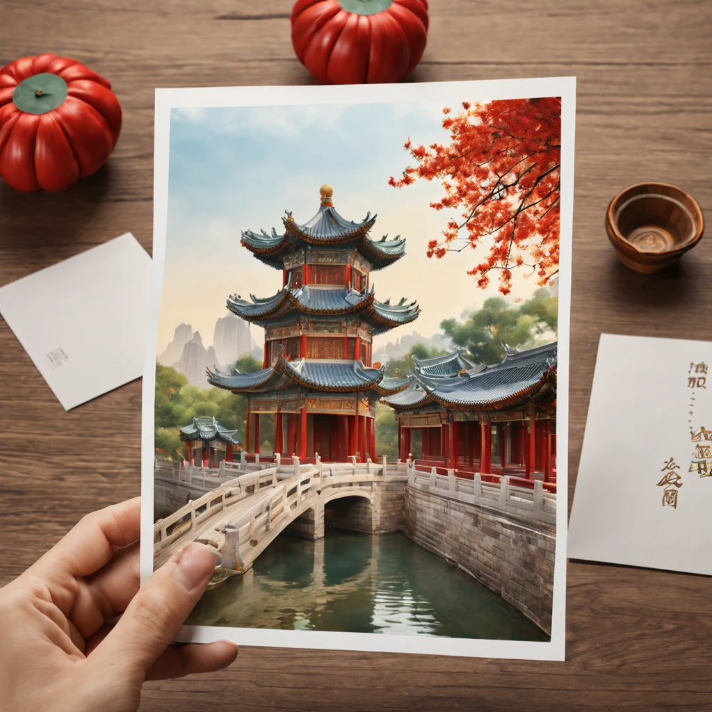 (a beautiful) Chinese ancient architecture ((postcard)) on a table,(best quality, highres, masterpiece:1.2),(realistic, photorealistic, photo-realistic:1.37), vibrant colors, detailed craftsmanship, intricate details, delicate textures, architectural masterpiece, historical heritage, traditional charm, natural lighting, serene atmosphere