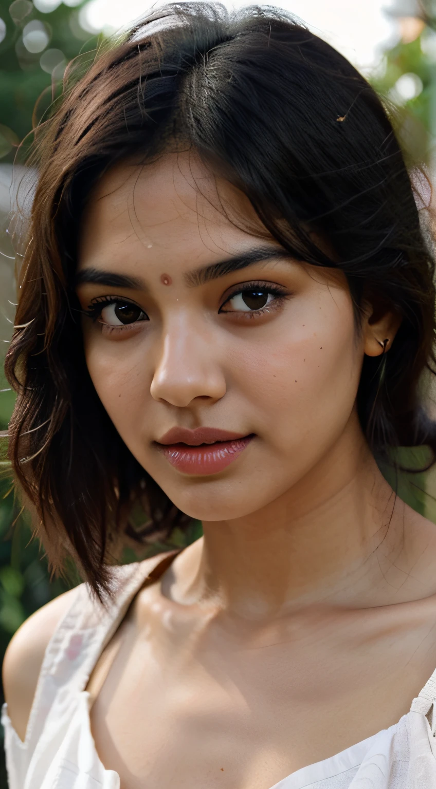indian girl, face close up, realistic face, cute, beatiful, green eyes, black hair, HD, sun light, pink lips, fair skin