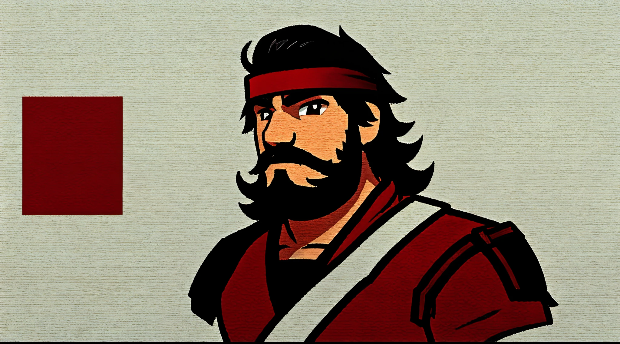 1 Man solo, solo.he has a short black beard and he has black flowing hair. Wearing red. white background