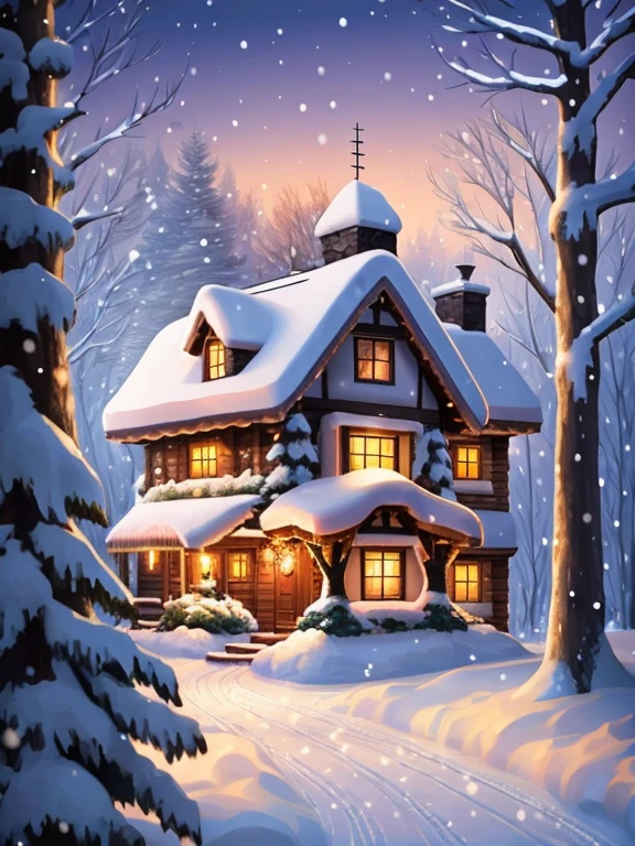 snowy scene of a house with a lit window and a snowy path, cottage in the forest, house in the wood, cosy enchanted scene, winter scene fantasy, cottage in the woods, house in forest, witch cottage in the forest, stylized digital illustration, cozy home background, the small house in the forest, solitary cottage in the woods, highly detailed illustration.”