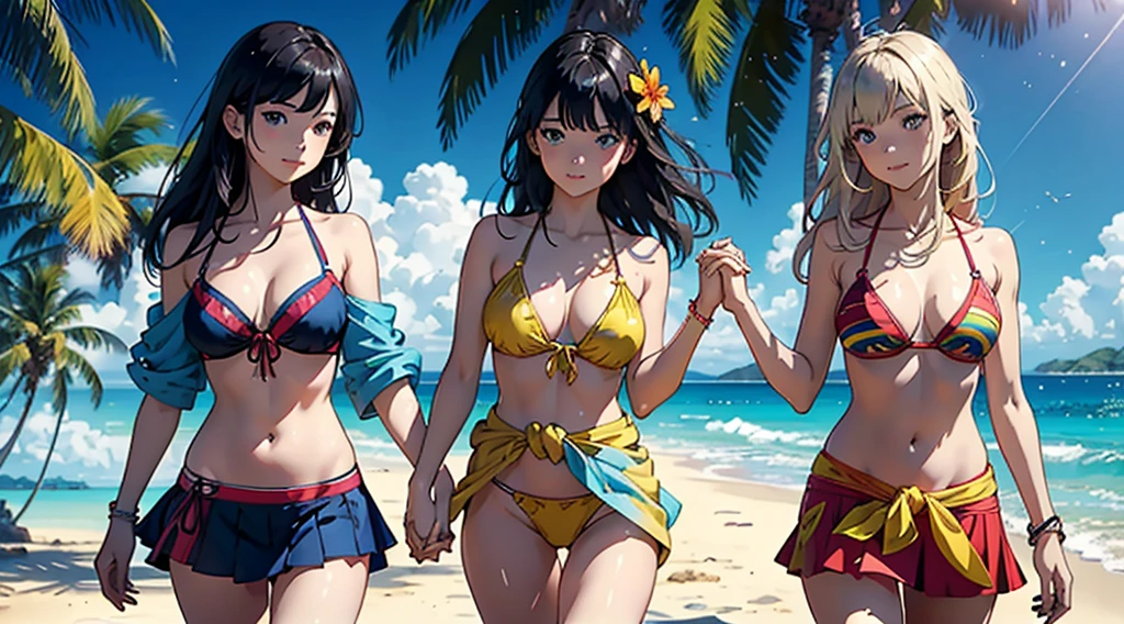 ​masterpiece、top-quality、超A high resolution、 [ 4 k digital art ]!!、 8k high quality detailed art、Wallpaper、 Detailed Digital Anime Art、Realisticity、Cinema Angle、hposing Gravure Idol、(((Two beautiful girls)))、((Two people holding hands))、cute  face、 ((Detailed depiction of a beautiful face))、kindly smile、年轻、Bikini swimwear、Photorealistic perfect body、(Bold ethnic patterns wrapped around the waist and skirt and plenty of primary colors)、light Particle、llight rays、Tropical、Against the background of palm trees on both sides、on a sunny beach、Against the background of the sea、blur backgroun、