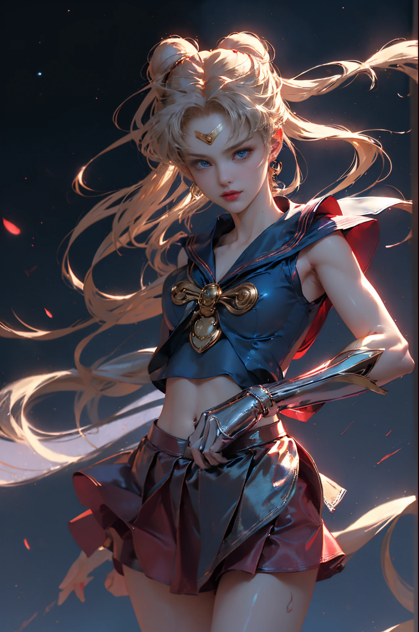 ((tmasterpiece)),((offical wallpaper:1.4)),((1female)),((Mariner Moon:1.6,eternal sailor moon)),((Fighting posture)),((standing boxing position)),((model poses)),((dynamicposes+Dynamic photography)),((From the bottom up,Ultraphotomicrography)),((3D)), ((Super realistic photoorced)),((Ridiculously long hair:1.4)),((Gold double ponytail:1.6,split banger head,Red round bun hair accessories)),(dressed in:Metallic Blue Sailor Suit:1.6,super mini skirt,Nipples clearly visible:1.6)), ((plum,show pain,)),((The red chew has a big red bow on it,Long white rubber gloves for upper arms:1.6,A luxurious golden crown on the forehead,耳Nipple Ring,Luxury gold jewelry decoration)),((high-leg swimsuit:Very thin and form-fitting high-gloss white leather、High-gloss white glue high-leg swimsuit,shiny like oil)),(Detailed faces:1.5),((詳細な目,beautidful eyes,eBlue eyes,outline of iris,long eyelasher)),((lusty smile)),((Anatomically perfect example:1.6,big chest and thin waist)),((Clean the skin)),((anatomically correct limbs:1.6)),((correct hand:1.6,Complete and beautiful five fingers:1.6)),((hight quality octane render)),((Dramatic graphic background with:starrysky,the huge moon)), (( Professional Quality,Perfect photography, ray traycing, perfect volumetric lighting )),((quality,CG Unity with ultimate detail,32K)), ((hyper-detailing:1.2)),