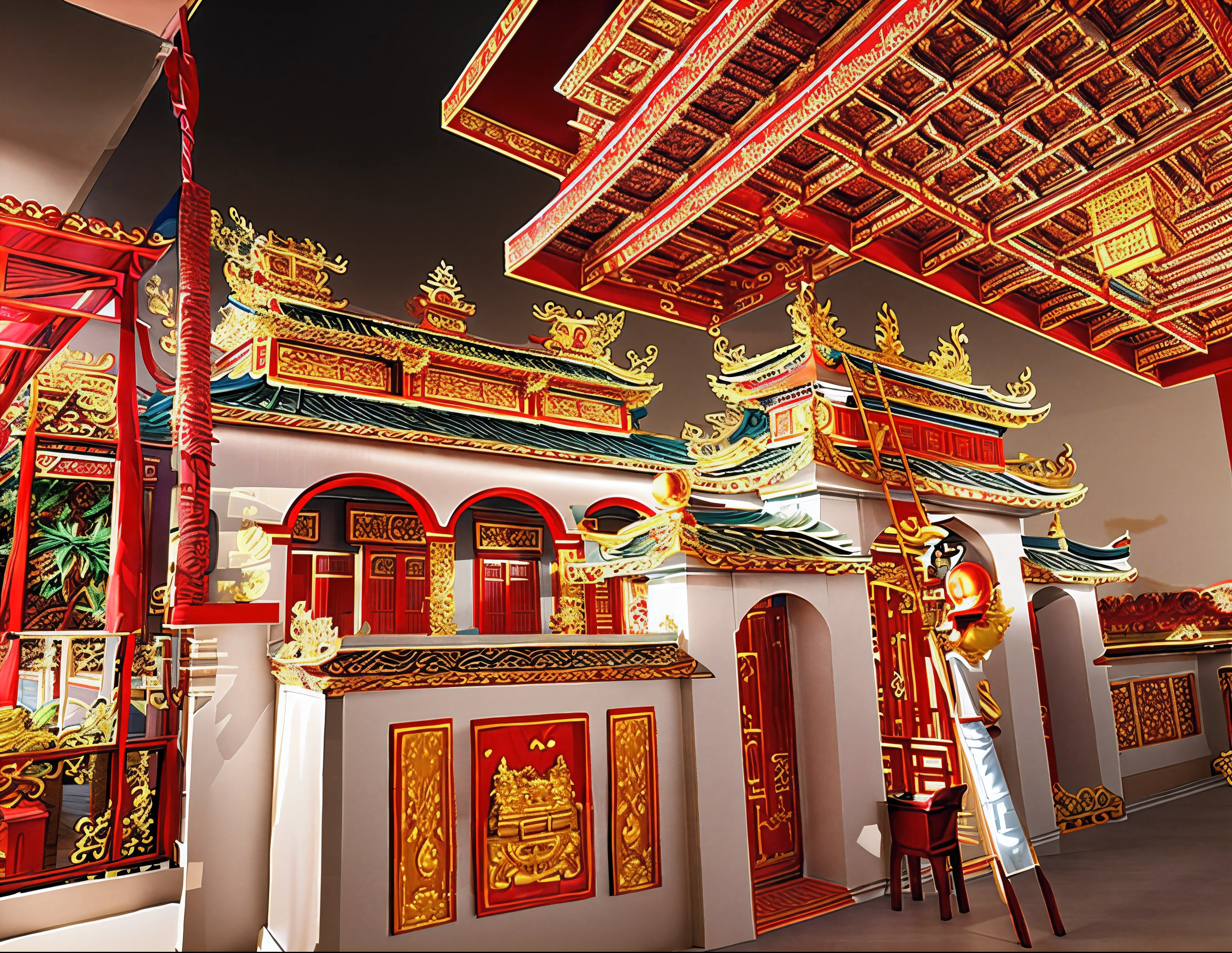 vietnamese temple scene, frontview, a temple, very ornamented, with a chinese temple, chinese temple, front side, front view, photo taken in 2 0 2 0, very ornate, temple, buddhist temple, taken in 2 0 2 0, front-view, intricately detailed buildings, 3d max render, trees