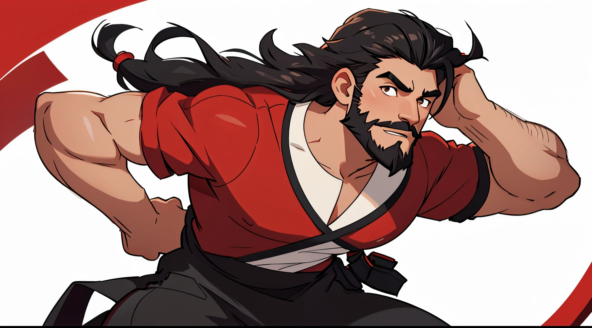 1 Man solo, solo.he has a short black beard and he has black flowing hair. Wearing red. white background