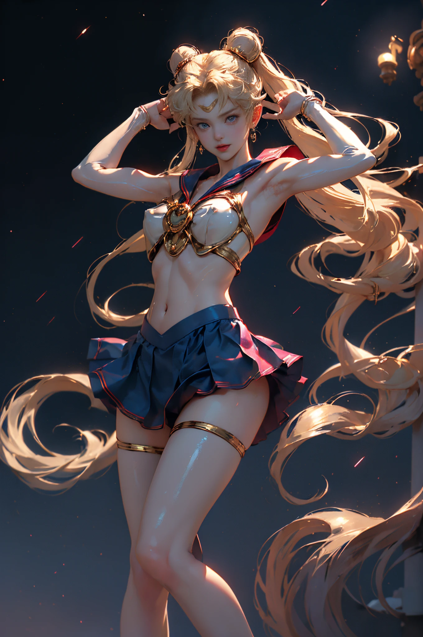 ((tmasterpiece)),((offical wallpaper:1.4)),((1female)),((Mariner Moon:1.6,eternal sailor moon)),((Fighting posture)),((standing boxing position)),((model poses)),((dynamicposes+Dynamic photography)),((From the bottom up,Ultraphotomicrography)),((3D)), ((Super realistic light sculpture)),((Ridiculously long hair:1.4)),((Double ponytail in gold:1.6,sausage head,Red bun hair accessories)),(dressed in:Metallic Blue Sailor Suit:1.6,super mini skirt,Nipples clearly visible:1.6)), ((plum,show pain,)),((The red chew has a big red bow on it,Upper arm length white rubber gloves:1.6,A luxurious golden crown on the forehead,耳Nipple Ring,Luxury gold jewelry decoration)),((high-leg swimsuit:Very thin and form-fitting high-gloss white leather、High-gloss white glue high-leg swimsuit,shiny like oil)),(Detailed faces:1.5),((詳細な目,beautidful eyes,eBlue eyes,outline of iris,long eyelasher)),((energetic smile)),((anatomically perfect example:1.6,big chest and thin waist)),((Clean the skin)),((anatomically correct limbs:1.6)),((correct hand:1.6,Complete and beautiful five fingers:1.6)),((High quality octane rendering)),((dramatic graphic background:starrysky,the huge moon)), (( Professional Quality,Perfect photography, Ray traching, perfect volumetric lighting )),((quality,CG Unity presents the ultimate in detail,32K)), ((hyper-detailing:1.2)),