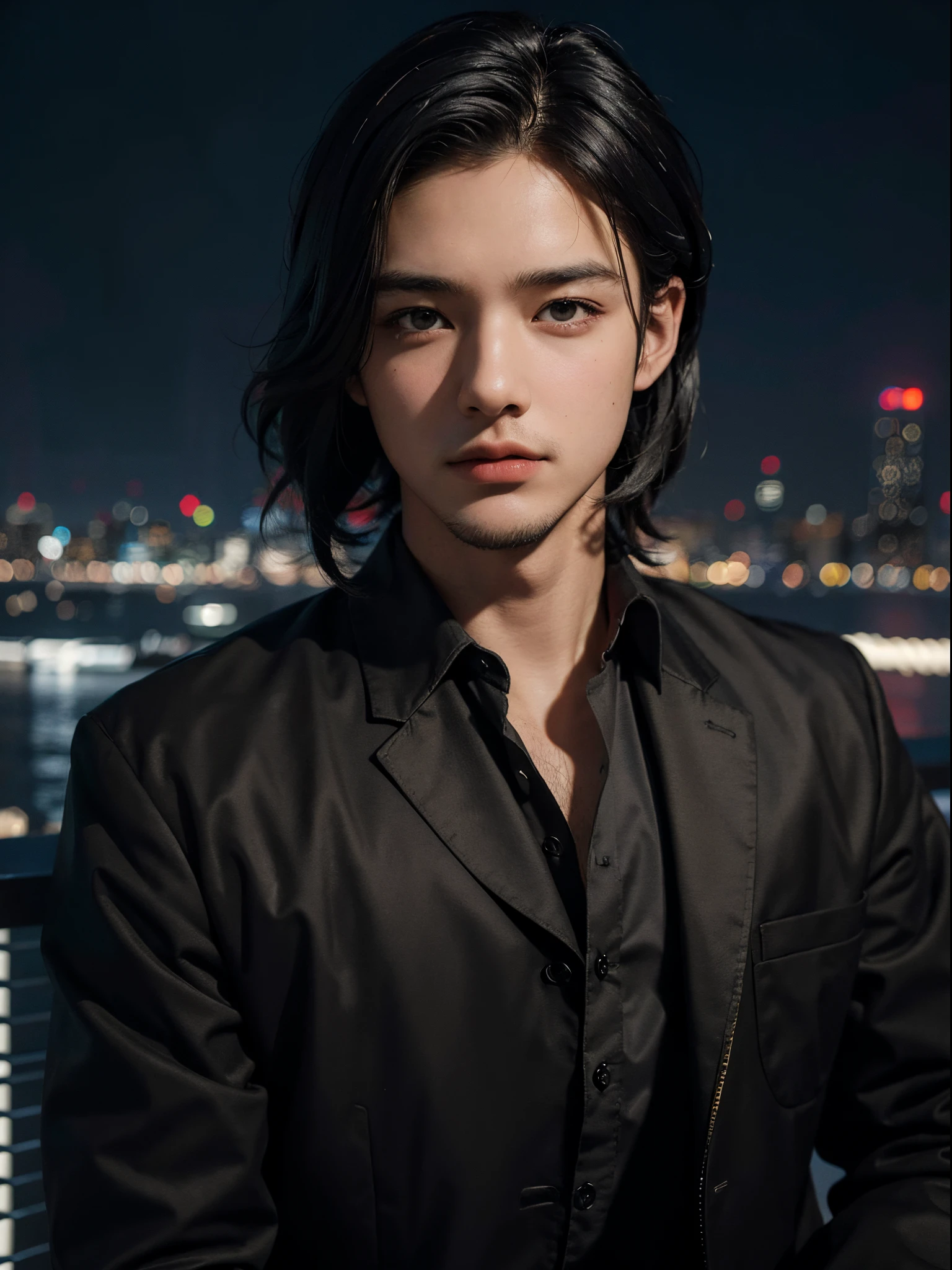 Best quality, masterpiece, ultra high res, (photorealistic:1.4), raw photo, young handsome male, black hair, (night city background:1.2)