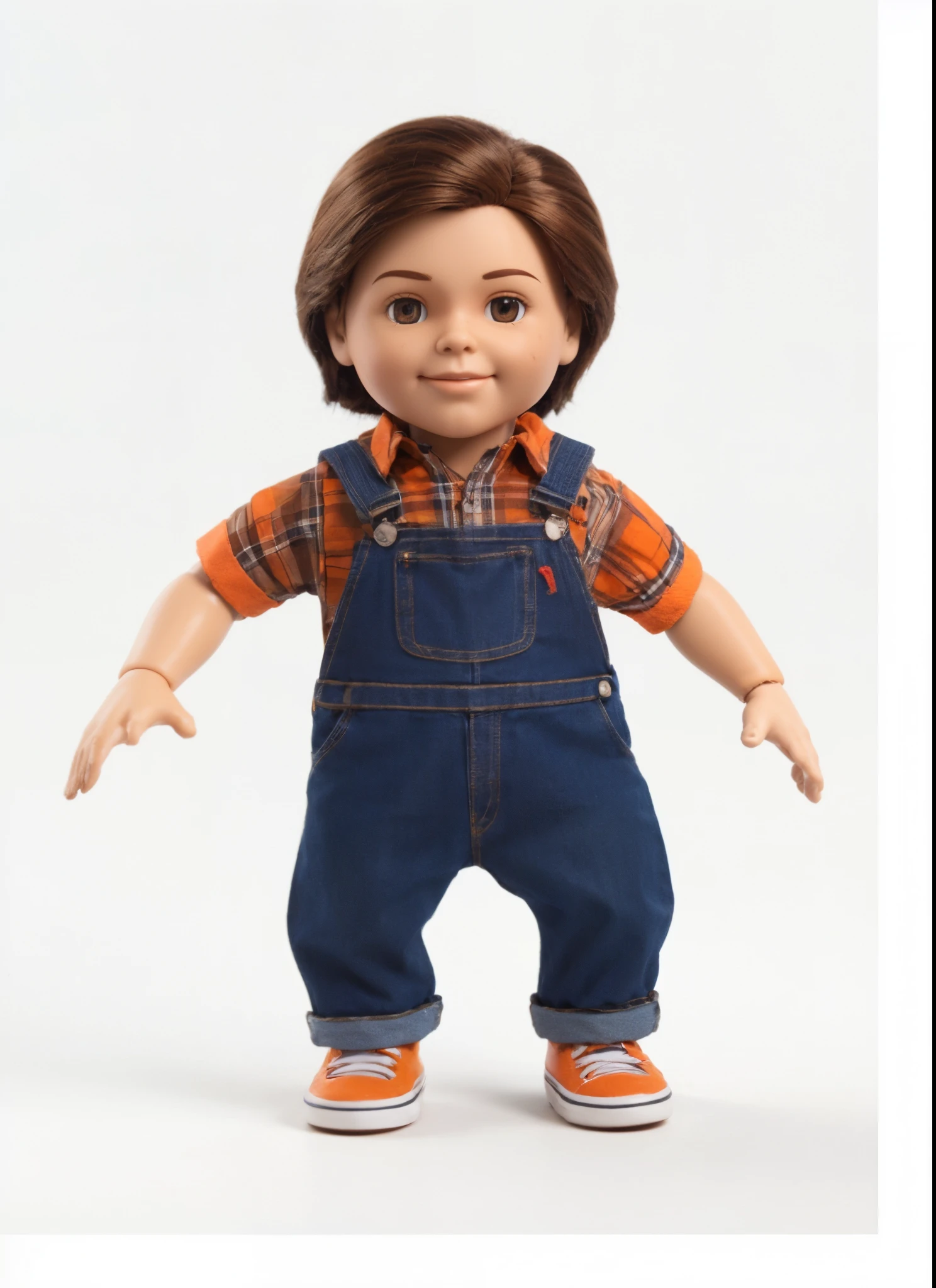 Goodguys doll, with straight medium brown hair, the iconic killer doll, with a subtle smile on his face, a light background with an orange plaid sleeve shirt, with denim overalls. With orange shoes, creating an atmosphere of horror, a 3D model with high-resolution textures and realistic lighting, --AR 16:9 --v 5 -