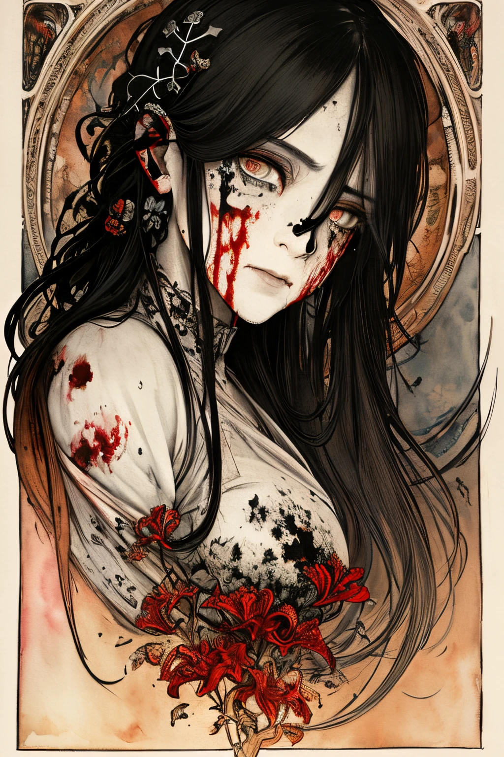 There is ugliness in beauty, But there is also beauty in ugliness. Murder. Crime. Blood. Knife. In the style of Adrian Ghenie, Esao Andrews, Jenny Saville, Edward Hopper, surrealism, Dark Art par James Jean, Takato Yamamoto, Minimalisme inkpunk. Tim Burton. Cadavre Bride (Corpse bride). Famille Addams.