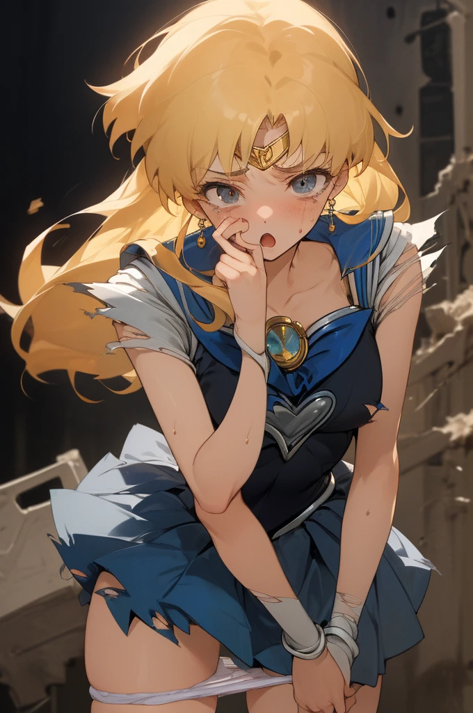 head to thigh, close up, standing, eyeball, perfect anatomy, white panty, blonde hair, sailormoon, sad, annoying, despair, tearing up, tired, :o, bleed, dirty, torn clothes, detailed background