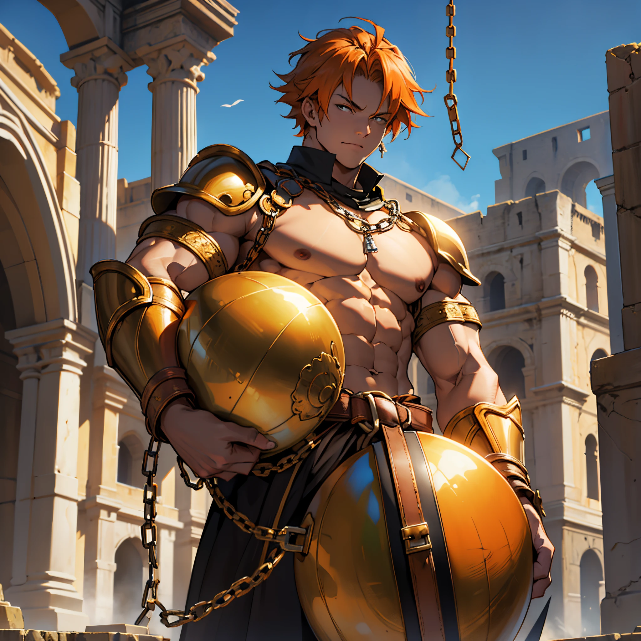 masterpiece, Best Quality, 4k, Slave warrior in golden armor(Orange hair), tied up in huge chains, holding a huge iron ball, Background with:Colosseum without people