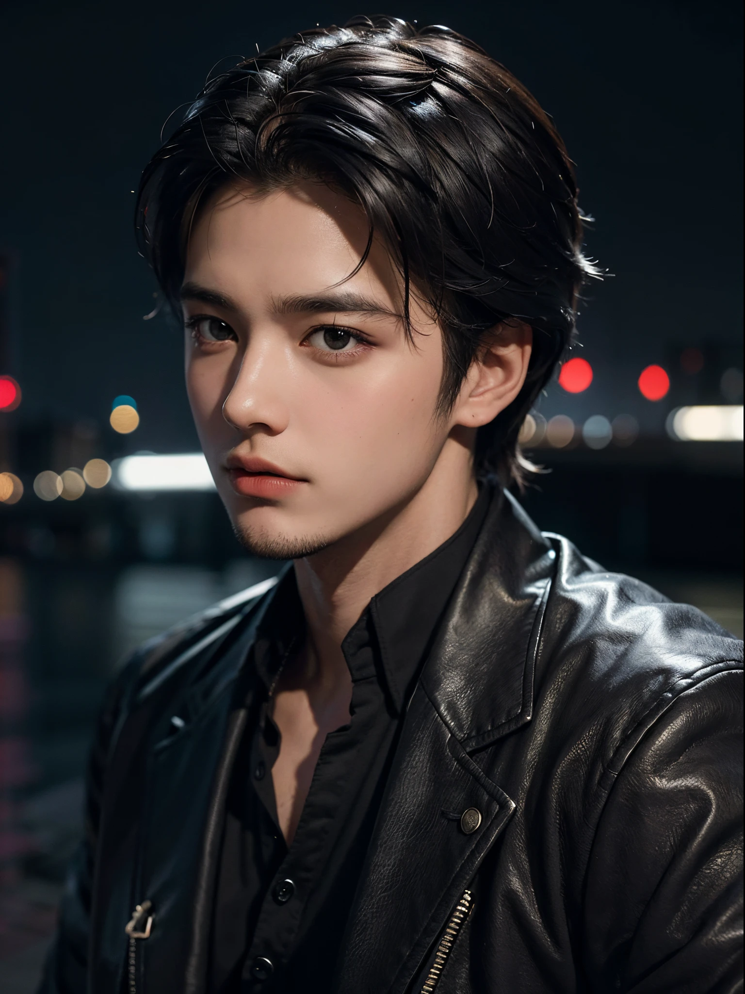 Best quality, masterpiece, ultra high res, (photorealistic:1.4), raw photo, young handsome male, black hair, (night city background:1.2)