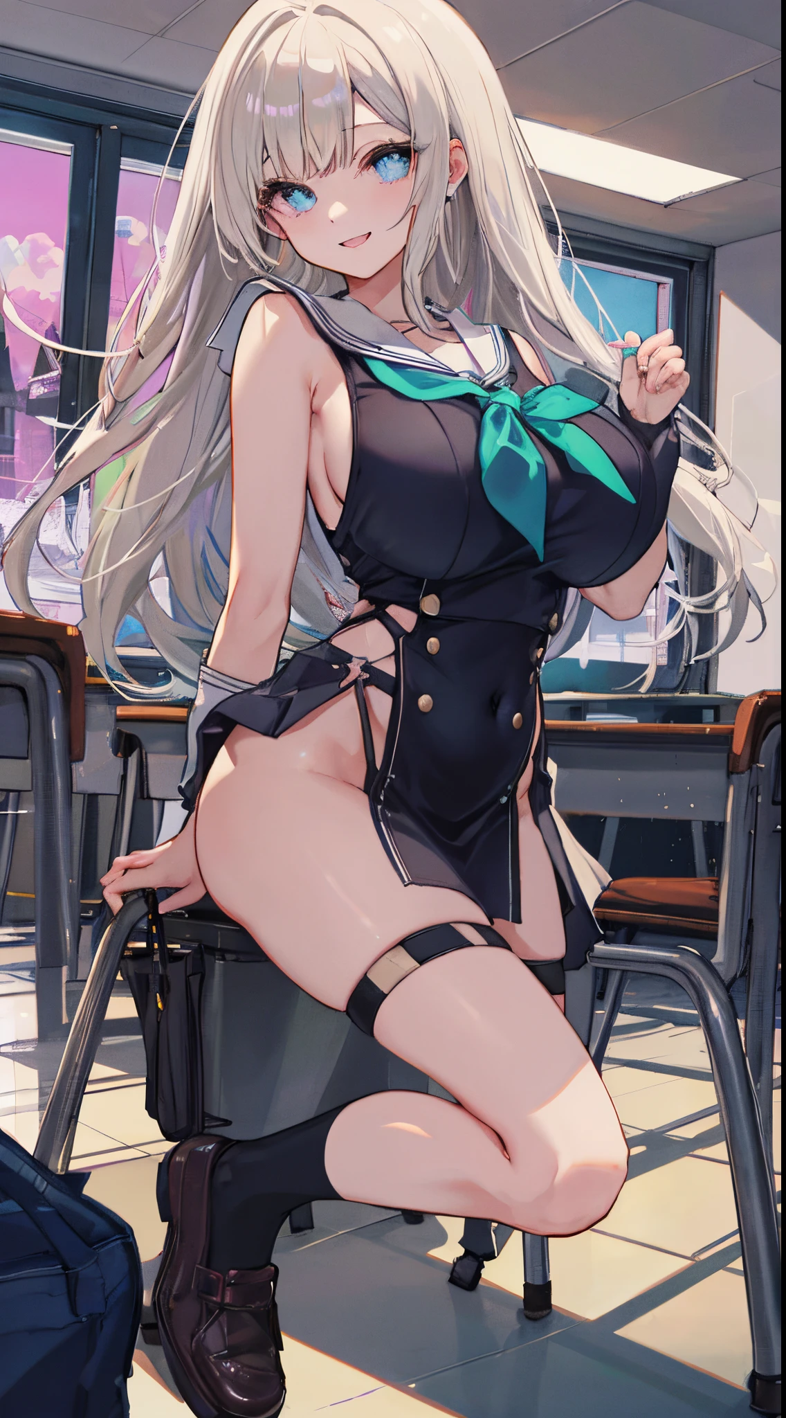 top-quality、realistic touch,high-detail、photoRealstic、Long body、captive beauty、big eye、Colossal tits、Strong platinum blonde eyelashes、platinum-blond、full body Esbian、Sparkling eyes、Submissive smile、Flushed cheeks、Kamimei、thin-waist、Voluptuous thighs、Enraptured look、Raked bangs、The forehead is protruding、Tight sailor uniform、thigh-high socks、sleeveless、Tight and short skirt with a large slit、Inside a school classroom、She isn't not wearing panties、High-waisted skirt