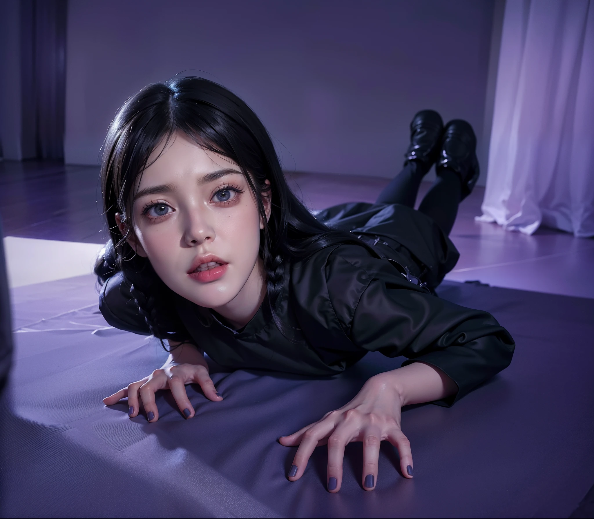 wednesday addams, pigtails and bangs hair, black clothes, dark hair, hair pigtails, expressive eyes, pale skin, mysterious smile, laying at floor, rim light, shadows, gloomy atmosphere, gothic style, detailed textures, best quality, 4k, masterpiece:1.2, ultra-detailed, realistic, vivid colors, dark and moody lighting, The image of the highest quality, ensuring every detail showcased perfectly. It in 4k resolution, allowing viewers to immerse themselves in the richness of the colors and intricate details. The realistic rendering. Her outfit shines under the spotlight, reflecting. beautiful hair, laying position, high-resolution image, realistic rendering, dark background, and rim light.
