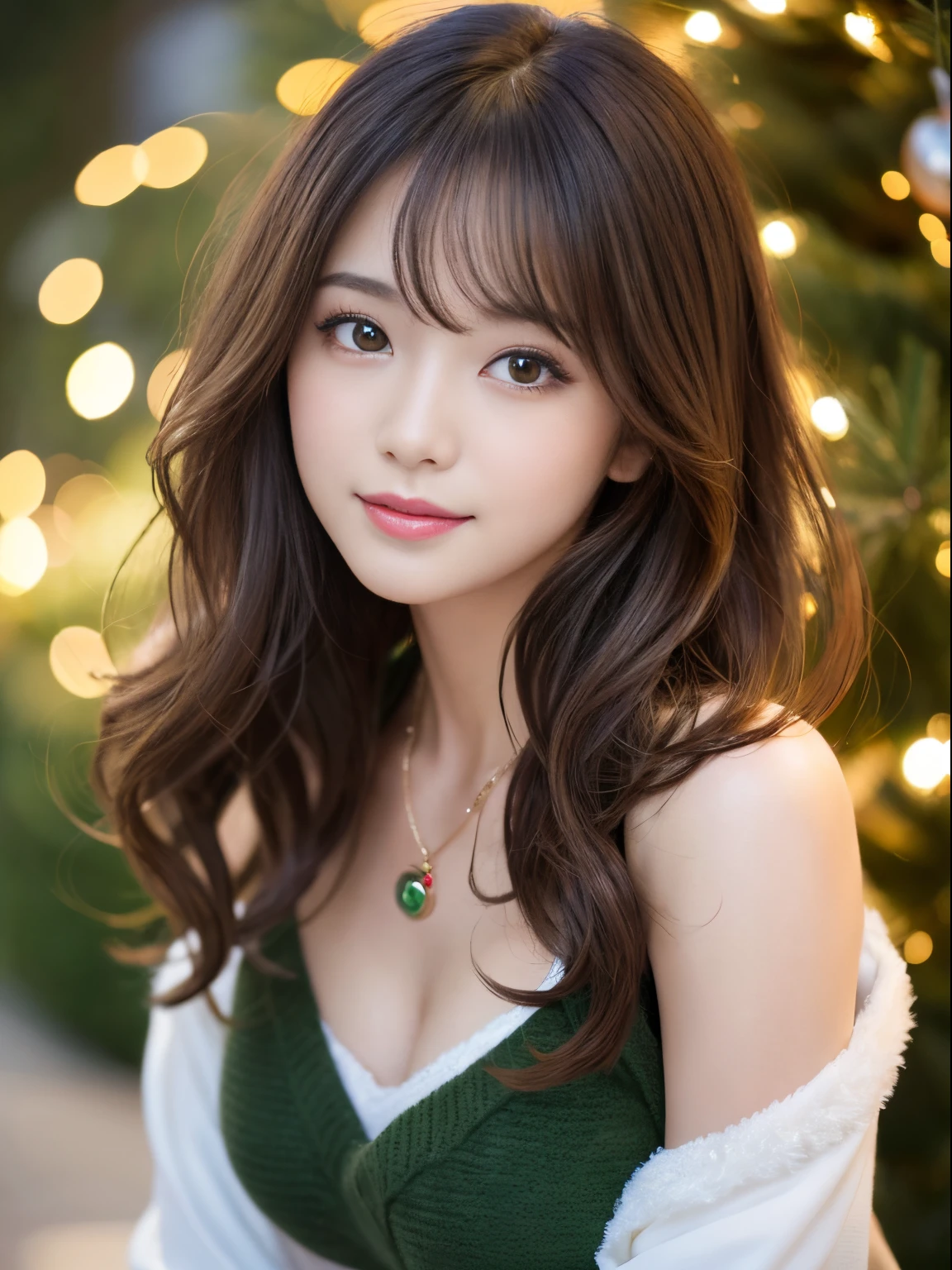 best qualtiy,超A high resolution,RAW photogr,1girl in,Loose perm hair、dark brown hair、japanes、Loose perm hair、smil、professional photograpy、Japanese humane calibration and same skin quality from head to toe、Blur the background、Draws faithfully to 、Very detailed and beautiful、Ultra-high image quality、Hair swaying and 、Very detailed beautiful girl、Hair to the shoulders、耳环、a necklace、head to waist、Christmas、Christmas tree、a cake、Parti、Christmas Costumes、present、