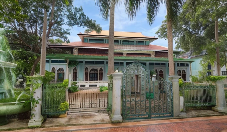 there  a green house with a fountain in front of it, frontview, outside view, colonial house in background, very ornate, front view, old house, beautiful image, seen from outside, exterior view, front-view, front side, full - view, in style of thawan duchanee, wonderful masterpiece