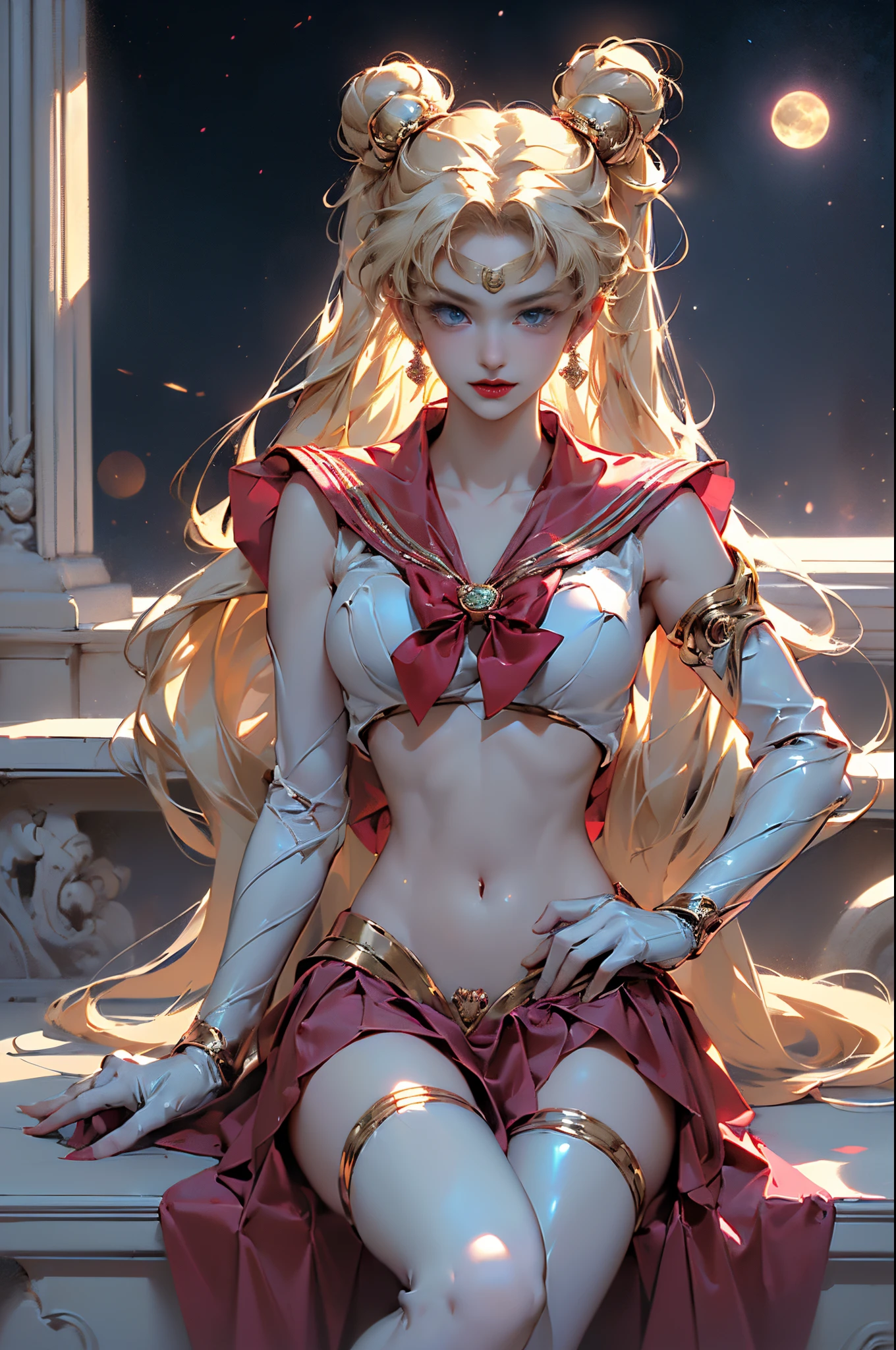 ((tmasterpiece)),((full:1.4)),((offical wallpaper:1.4)),((The stands up+Fighting posture)),((standing boxing position)),((Sit up,The left leg bent)),((Sit up,The right leg bent)),((model poses)),((dynamicposes+Dynamic photography,Ultraphotomicrography)),((From the bottom up)),((3D)), ((Super realistic photoorced)),((1female)),((meishaonv,supersailormoon,Mariner Moon:1.6,eternal sailor moon)),((incredibly long hair)),((Hairstyles:Double ponytail blonde hair:1.4,Thin and long blonde hair,double-ponytail,Parted bangs,hair-bun,Red round bun hair accessories)),((dressed in:Sailor warrior:1.u can see the)super mini skirt:1.6,The kinky exposed,Cute big breasts)),((a sailor suit:Sailor color,metallic blue)),((The red chew has a big red bow on it,Long white rubber gloves for upper arms:1.6,A luxurious golden crown on the forehead,耳Nipple Ring,Luxury gold jewelry decoration)),((high-leg swimsuit)),((Very thin and form-fitting high-gloss white holographic leather、High-gloss white glue high-leg cut swimsuit,shiny like oil)),(Detailed faces:1.5),((詳細な目,beautidful eyes,eBlue eyes,outline of iris,long eyelasher,Beautiful expression with double eyelashes,lusty smile)),((Thin lips:1.5)),((Lean and muscular,Bulge)),((Anatomically perfect example:1.6,big chest and thin waist)),((Clean the skin)),((Correct anatomy:1.5,correct hand:1.6,Complete and beautiful five fingers:1.6)),((hight quality octane render)),((Dramatic graphic background with:universe background,rays of moonlight,the huge moon,Dynamic background)), (( Professional Quality,Perfect photography, ray traycing, perfect volumetric lighting )),((quality,CG Unity with ultimate detail,32K)), ((hyper-detailing:1.2,Complicated details:1.2)),((mecha-girl))