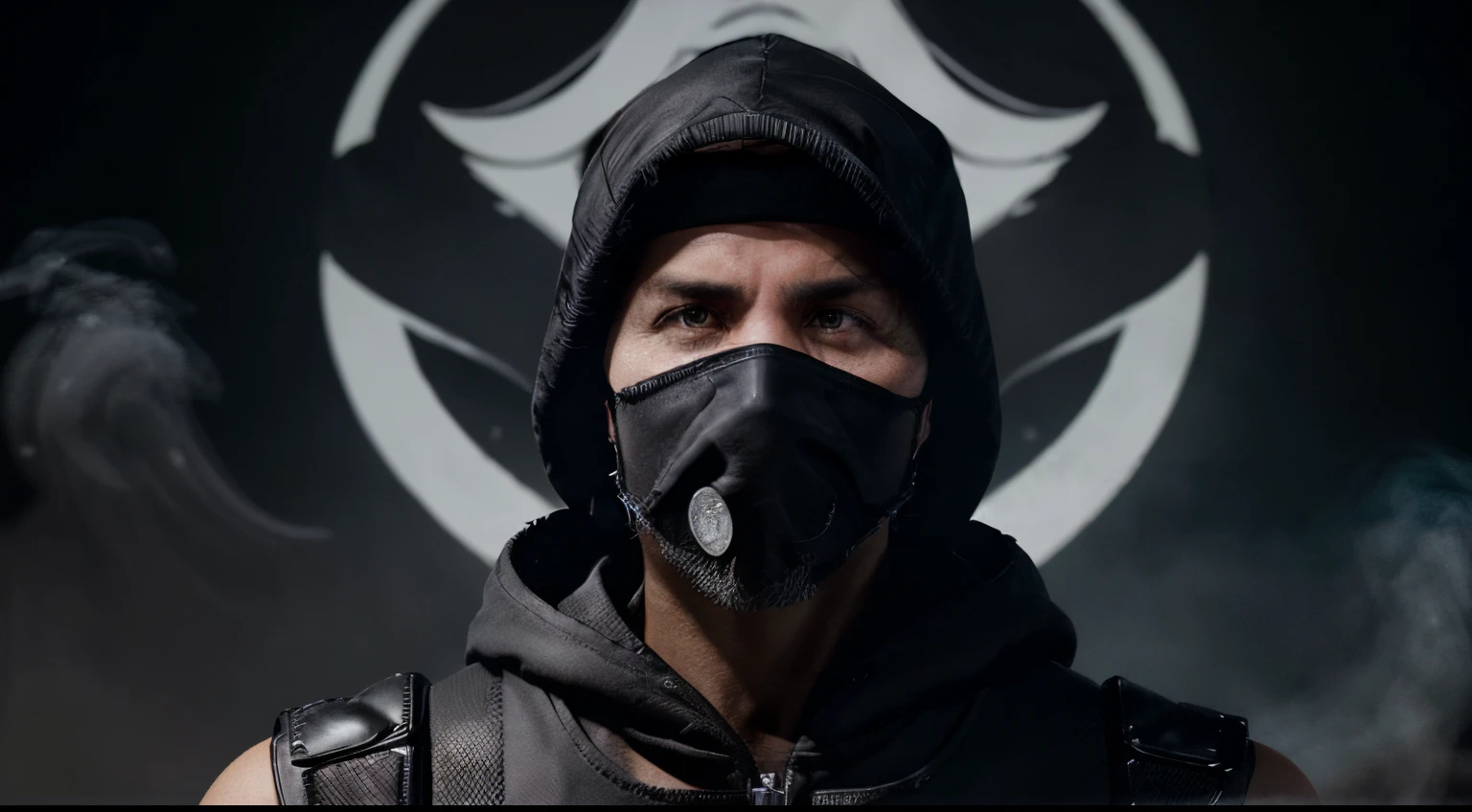 (justin trudeau), detailed illustration, classic ninja from Mortal Kombat, grey ninja jumpsuit, black hood, smoke coming out, glowing white eyes, portrait style, evil face, muscular male focus, classic costume, stern expression, masterpiece, 4k UHD professional imag, swirling smokey skulls, smokey atmosphere background, god themed environment