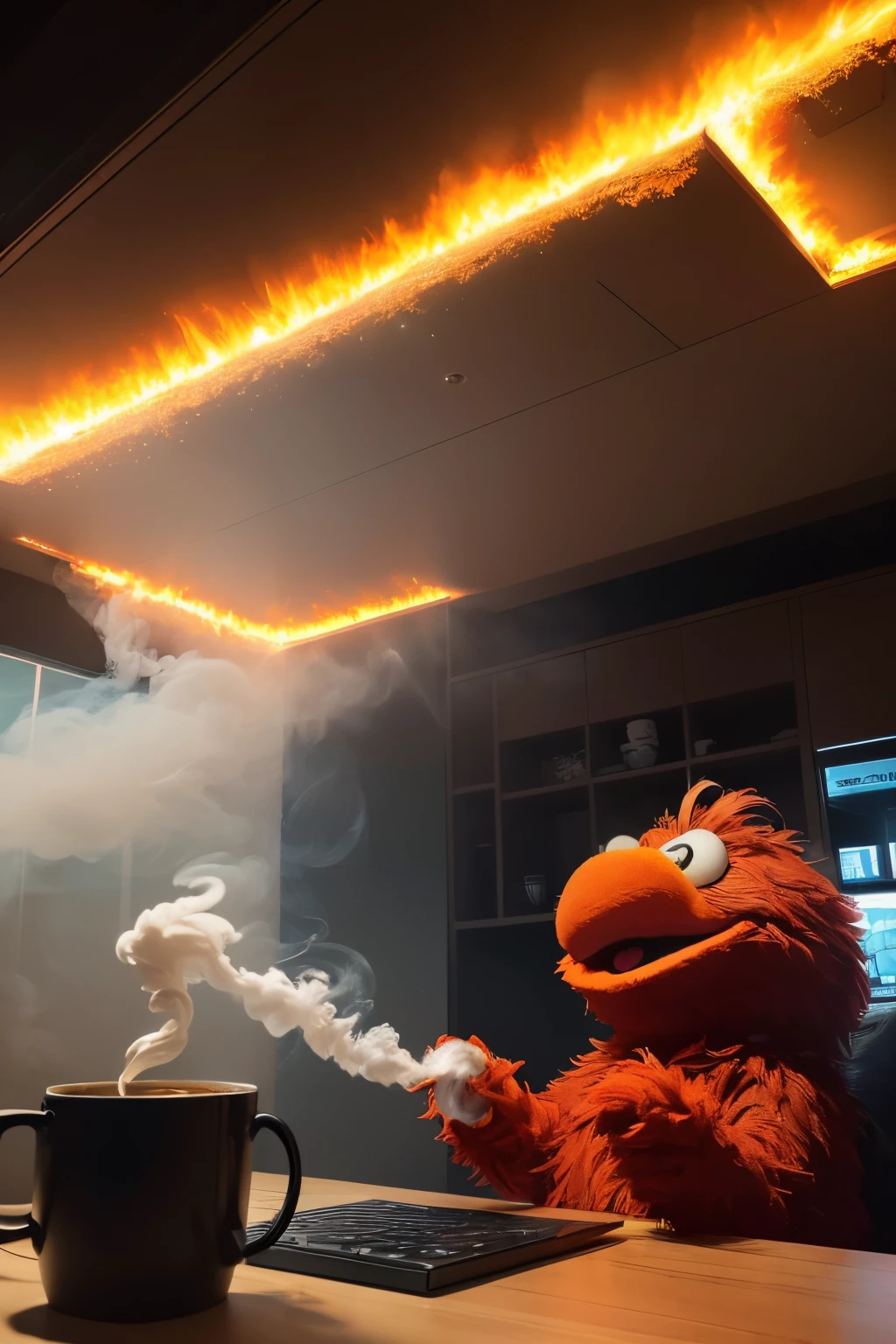 (tmasterpiece, Best quality at best, 2D illustration, 2d, best of artstation),(1 Elmo puppet, muppet, Elmo, Red fur:1.1), sitting behind a table, Elmo as a programmer, Soft round, Computer screen with lots of errors, Mac Pro computers, (Everything on fire, A coffee cup on fire,The room was on fire, Background confusion, Thick smoke clouds gathered on the ceiling,Huge flames:1.2), Elmo holds his burning coffee cup with both hands, (hairy arms:1.3)