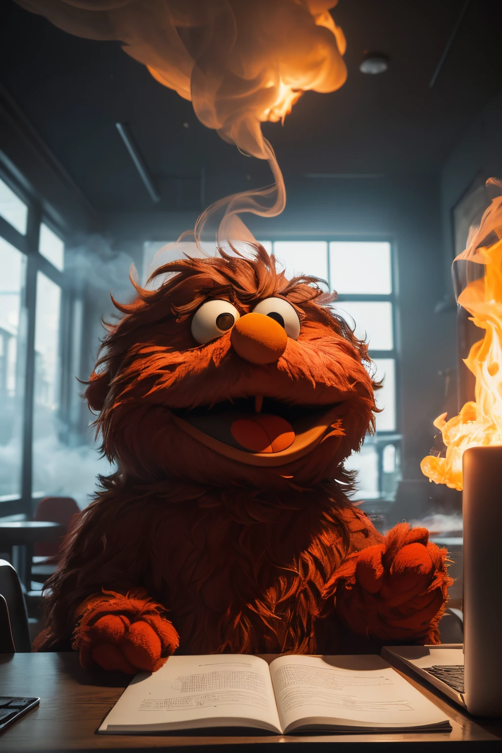 (tmasterpiece, Best quality at best, 2D illustration, 2d, best of artstation),(1 Elmo puppet, muppet, Elmo, Red fur:1.1), sitting behind a table, Elmo as a programmer, Soft round, Computer screen with lots of errors, Mac Pro computers, (Everything  on fire, A coffee cup  on fire,The room was on fire, Background confusion, Thick smoke clouds gathered on the ceiling,Huge flames:1.2), Elmo holds his burning coffee cup with both hands, (hairy arms:1.3)