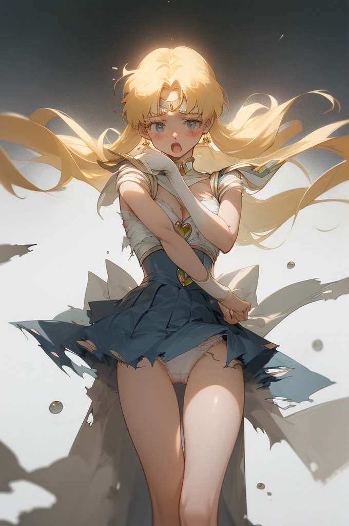 head to thigh, close up, standing, eyeball, perfect , white ,  blonde hair,  sailormoon, sad, annoying, despair, tearing up, tired, :o, bleed, dirty, torn clothes, detailed background