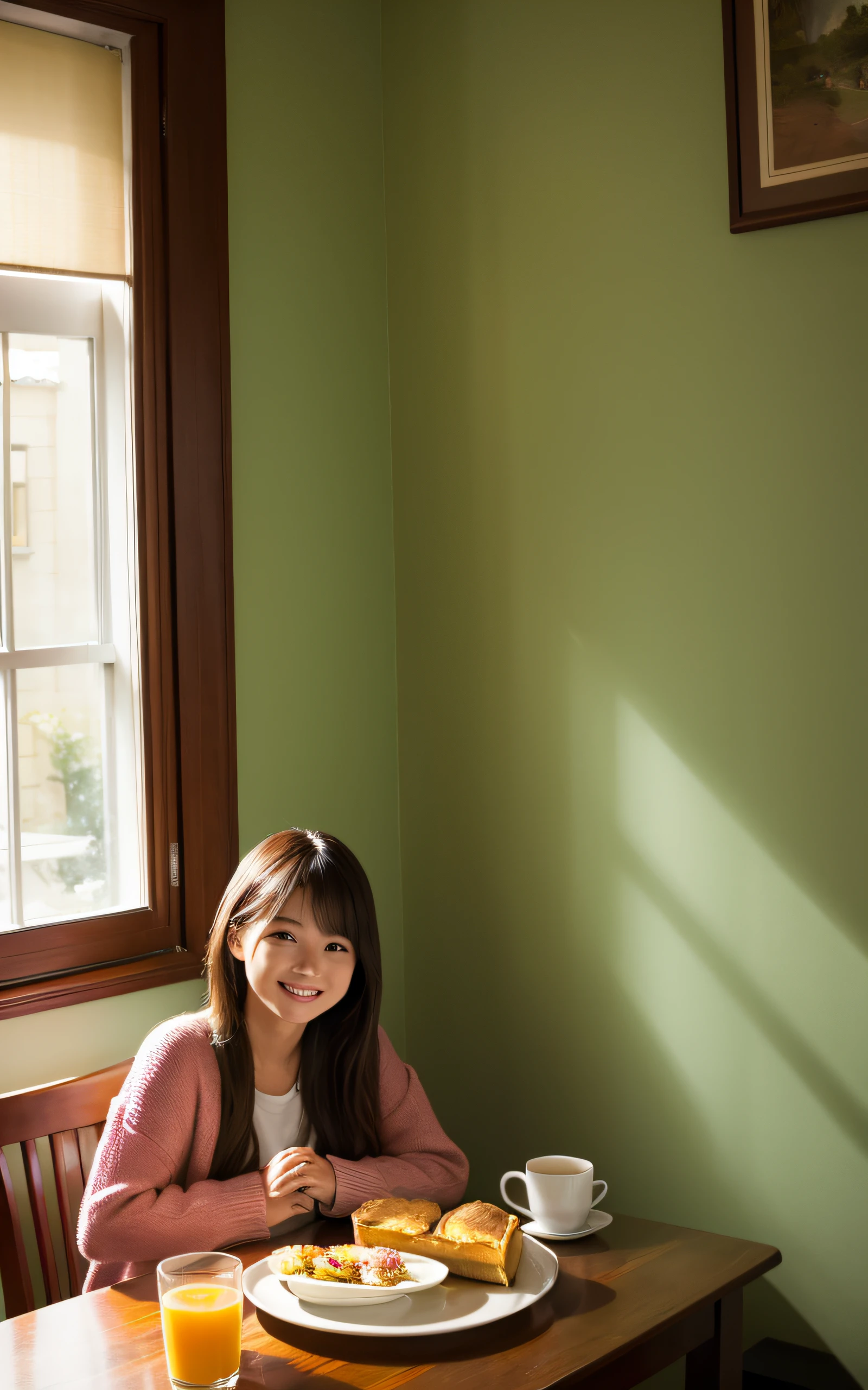 1girl in, morning, Breakfast, dining room, Sitting, relax, Smile