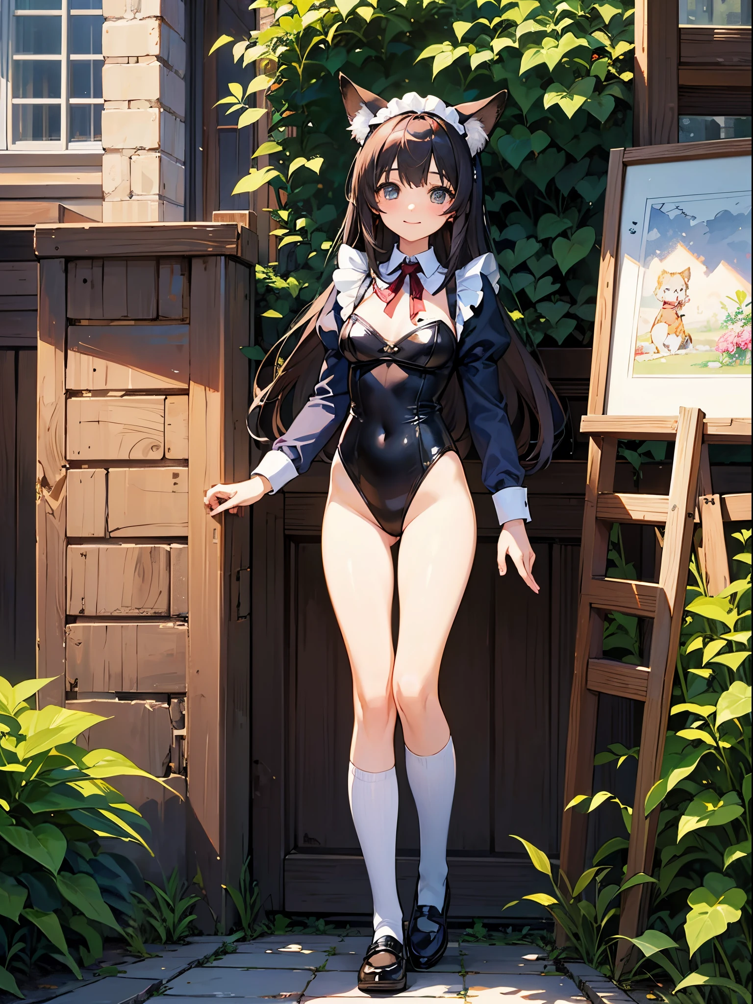 Beautiful illustration、top-quality、cute petit girl、(transform sequence)、((maid style leotard))、10yaers old、elementary student、Slender beautiful girl、Fractal Art、baby-face、((stright long hair))、Beautiful big drooping eyes、A smile、Full Body Display、Western-style garden、（1 persons）、long-sleeve、landscaped gardens、（knee high socks）、（highleg）、Fox ears、