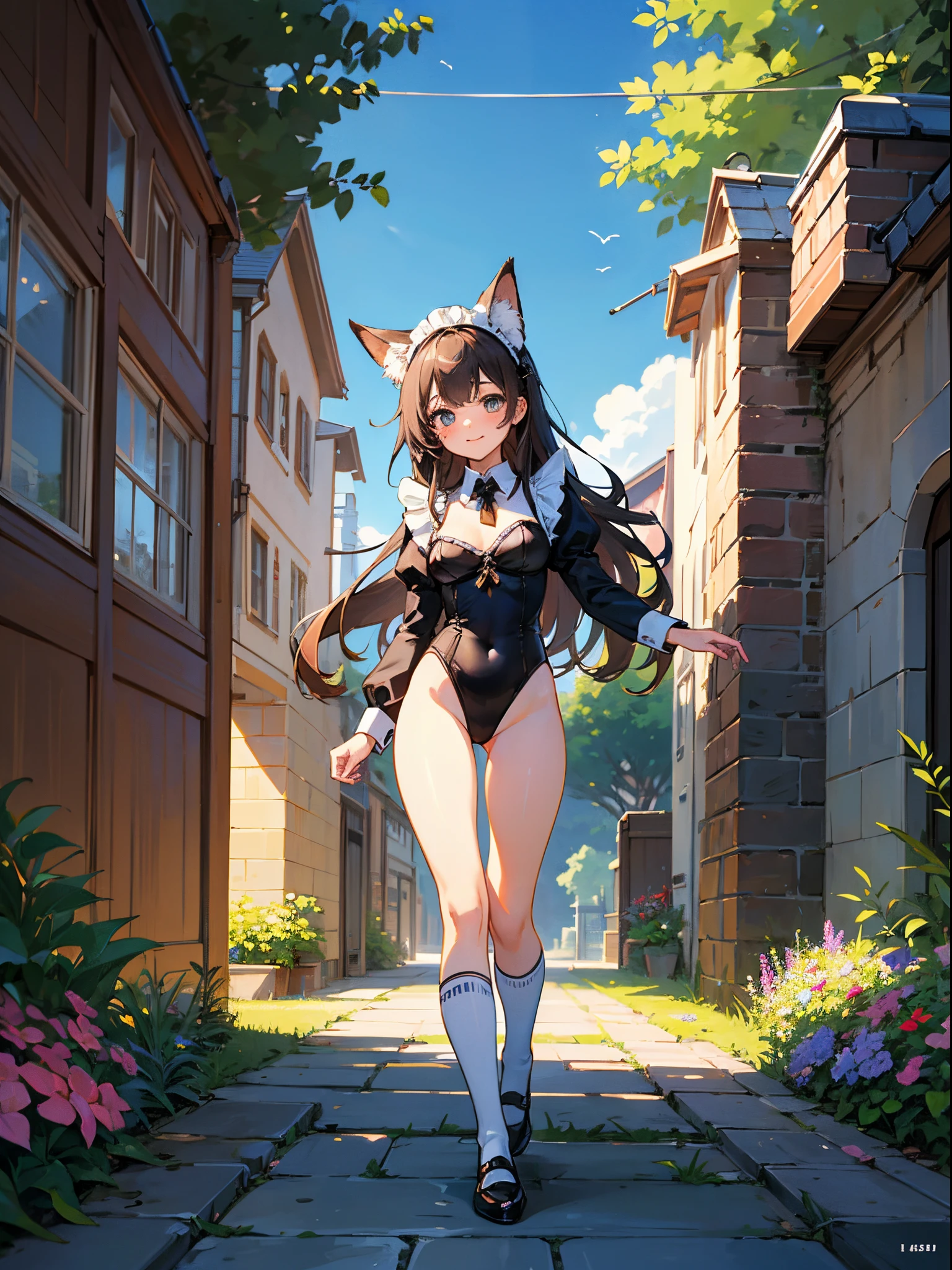 Beautiful illustration、top-quality、cute it girl、(transform sequence)、((maid style leotard))、10y old、eletaryeautiful girl、Fractal Art、baby-face、((stright long haiBeaut big drooping eyes、A smile、Full Body Display、Western-style garden、(1 persons)、long-sleeve、landscaped gardens、(knee high socks)、(highleg)、Fox ears、