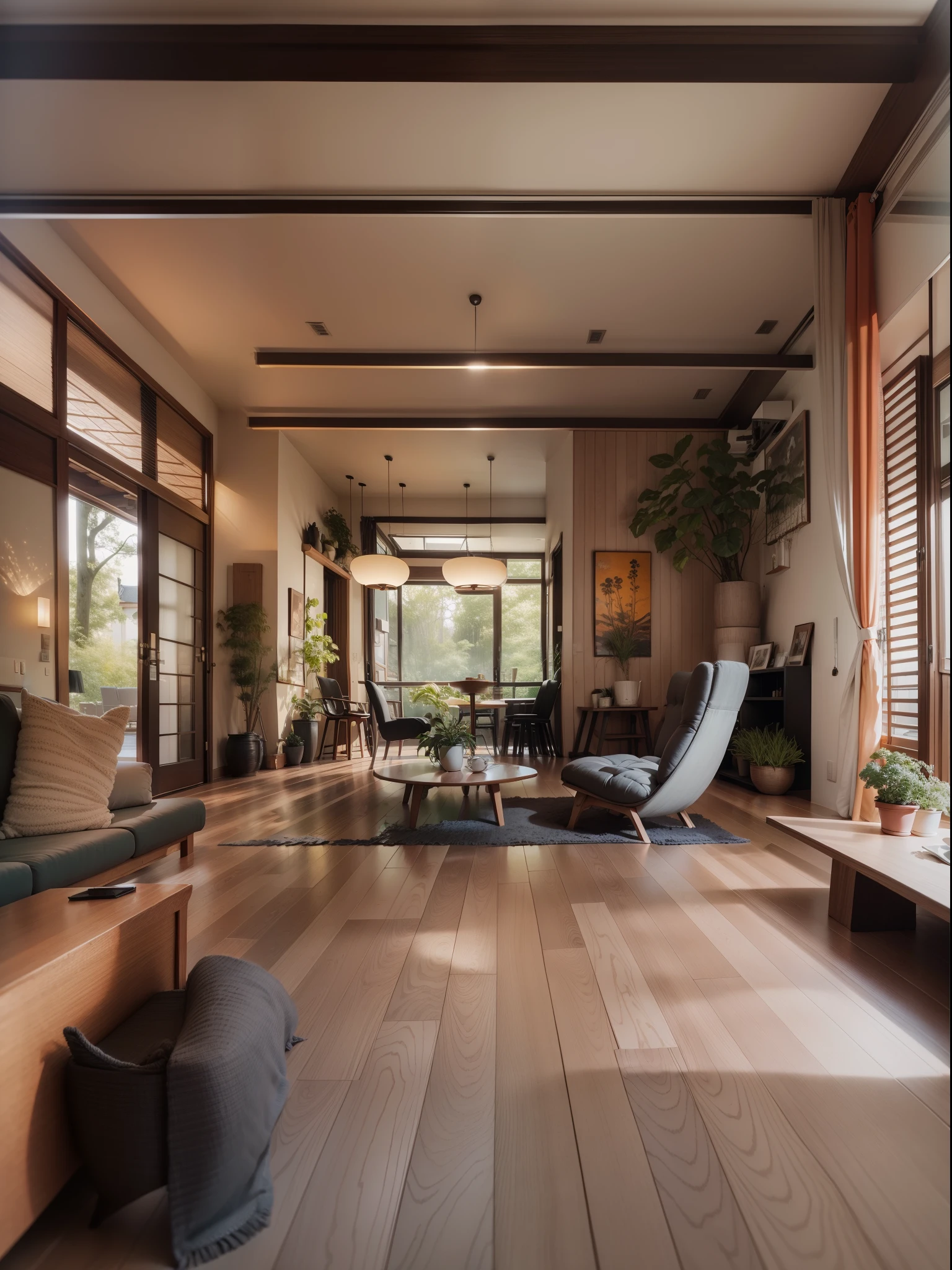 Interior design、Crazy detailed wide-angle building photos、cozy contemporary living room、(Bright warm sunshine 1:0.1)、award-winning contemporary interior design、Landscapes、DL、a chair、in a house、wooden floor、 Black aluminum windows、dining room、east asian east asian architecture、Sliding doors、lamp lightuliding、the woods、naturey、Cups、A plant、Interior design、Insert lights and shadows、depth of fields、low illuminance